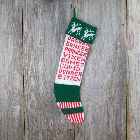 Vintage Reindeer Names Knit Stocking Kurt Adler 1980 Christmas Knitted Prancer Dancer Dasher Vixen Comet Cupid Donder Blitzen