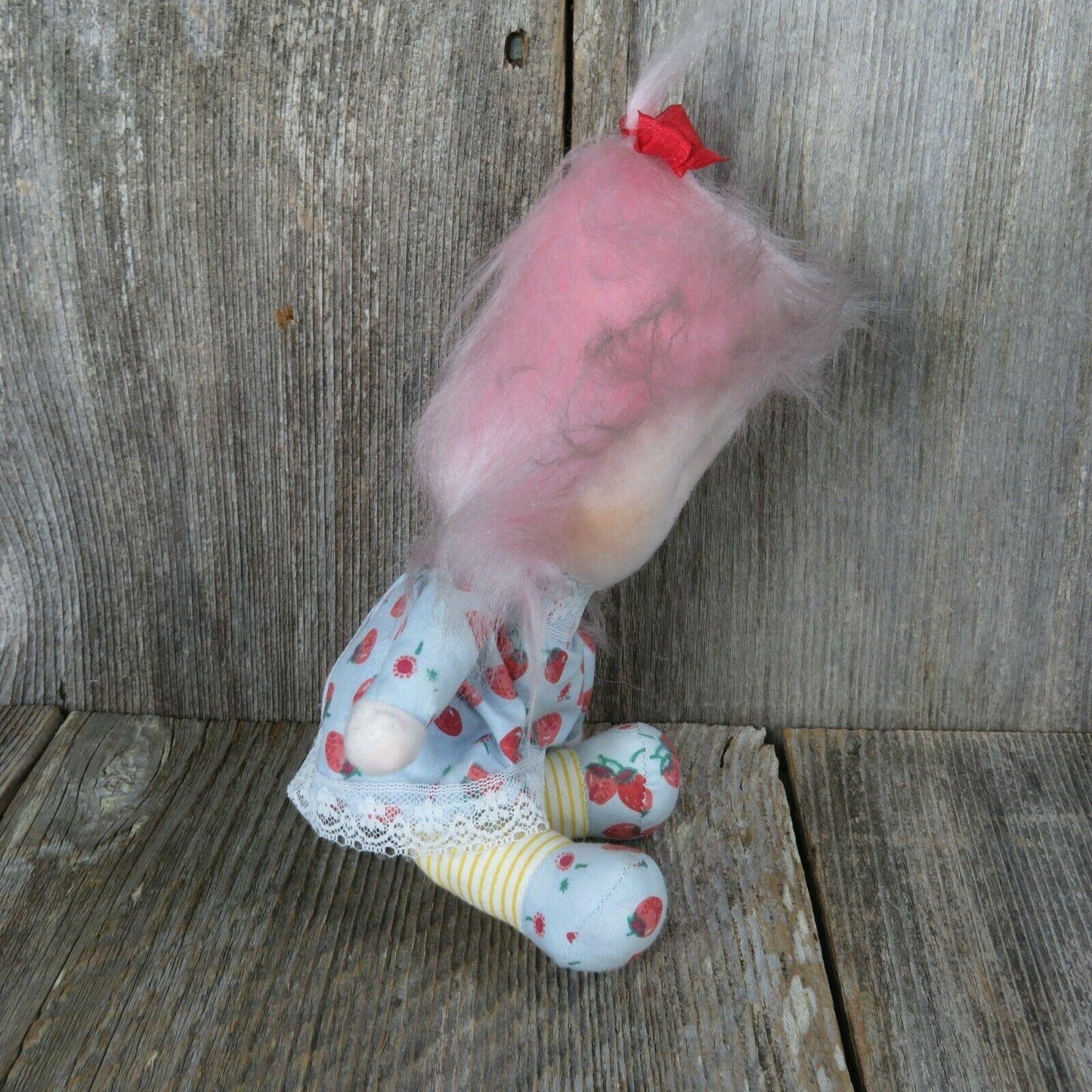 Soft Body Doll Pink Hair Strawberry Blue Dress Fabric Eyes Striped Legs Rag Toy