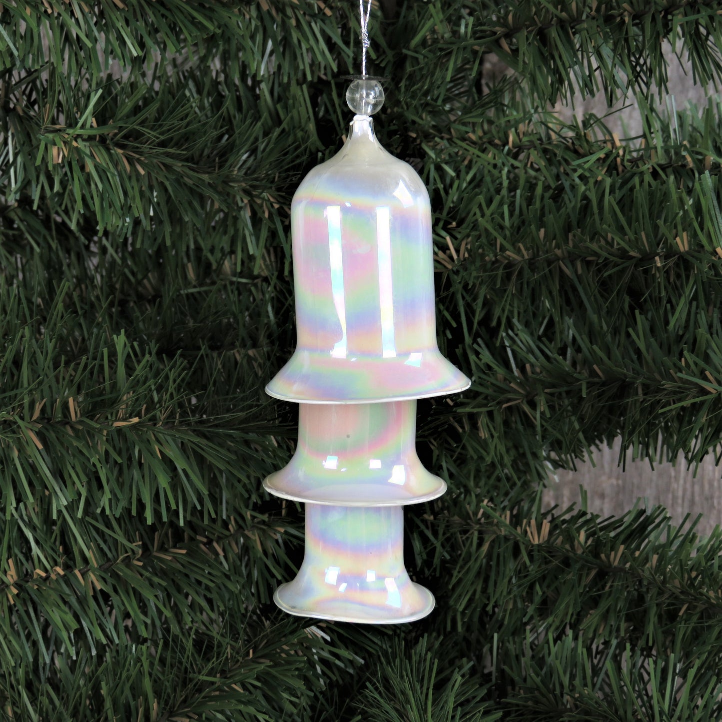 Vintage Tiered Glass Bell Ornament White Iridescent Painted Graduated 3 Tier Bell Silver Cord Christmas Ornament