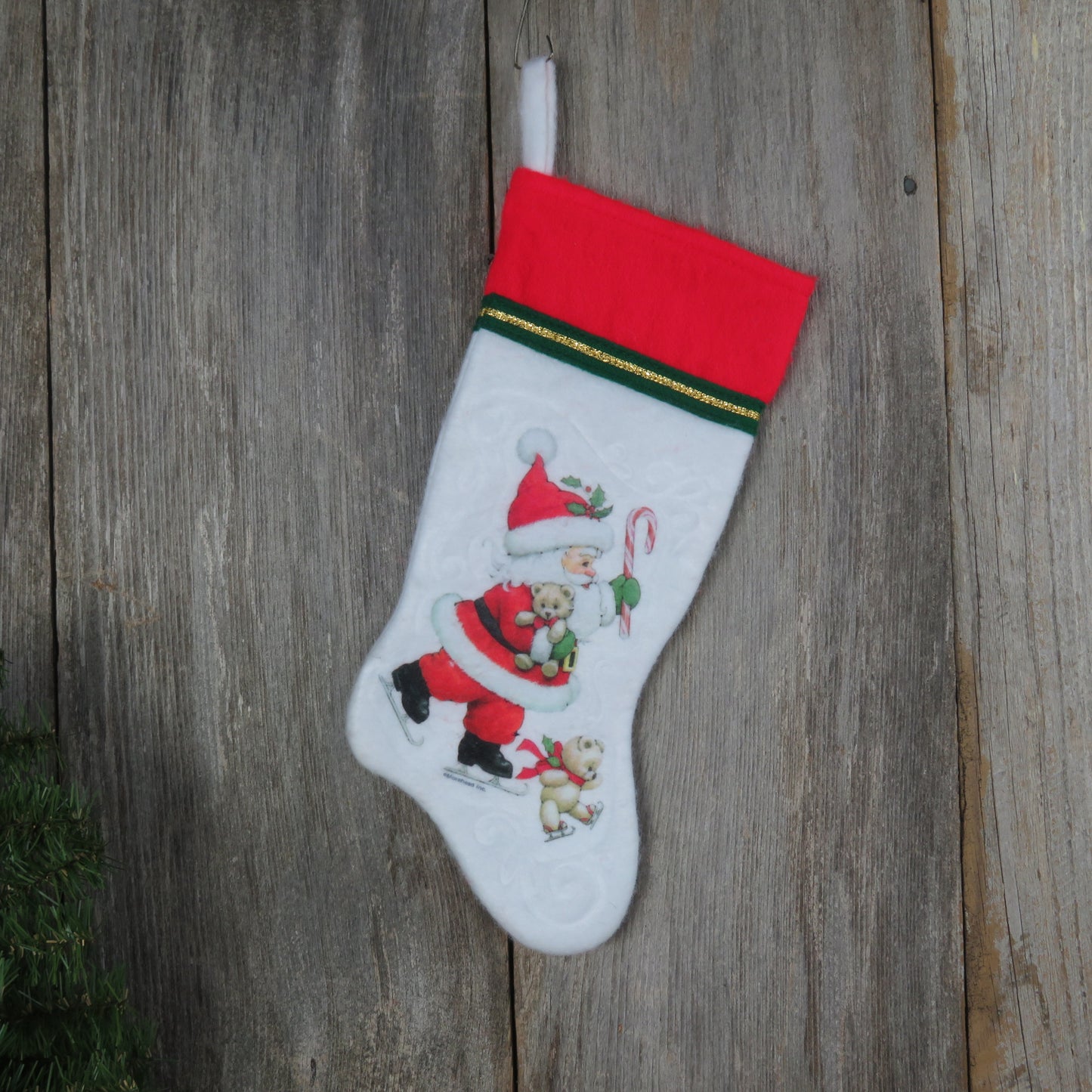 Vintage Santa Morehead Christmas Stocking Felt Fuzzy Teddy Bear Candy Cane White Fleece Holiday Decor