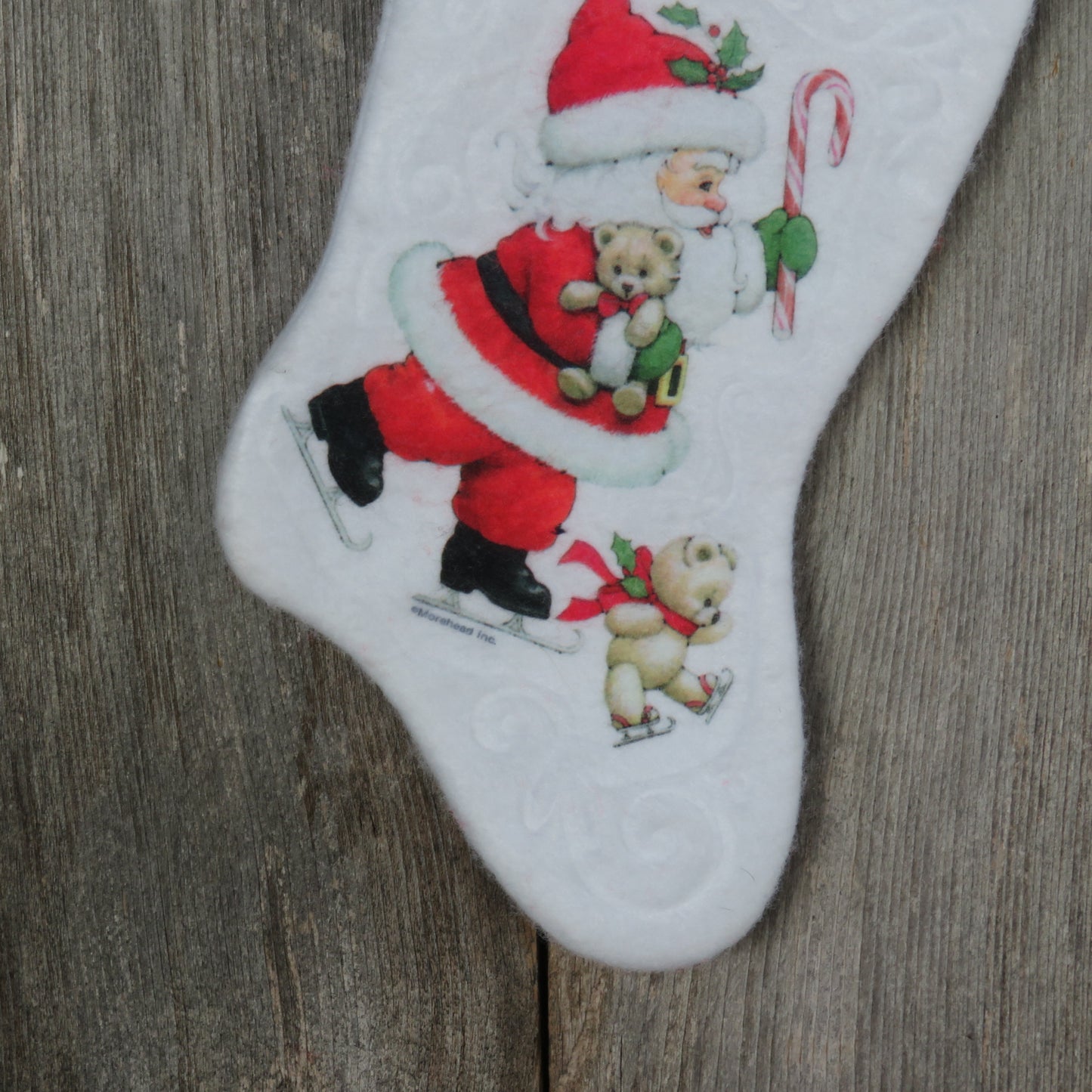 Vintage Santa Morehead Christmas Stocking Felt Fuzzy Teddy Bear Candy Cane White Fleece Holiday Decor