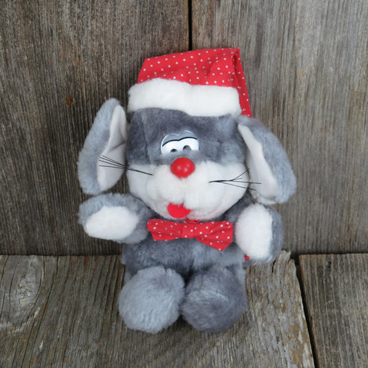 Vintage Mouse Plush Giftco Christmas Grey Red Bow Tie Stuffed Animal Holiday Santa Hat Gray 1990 Polka Dot - At Grandma's Table