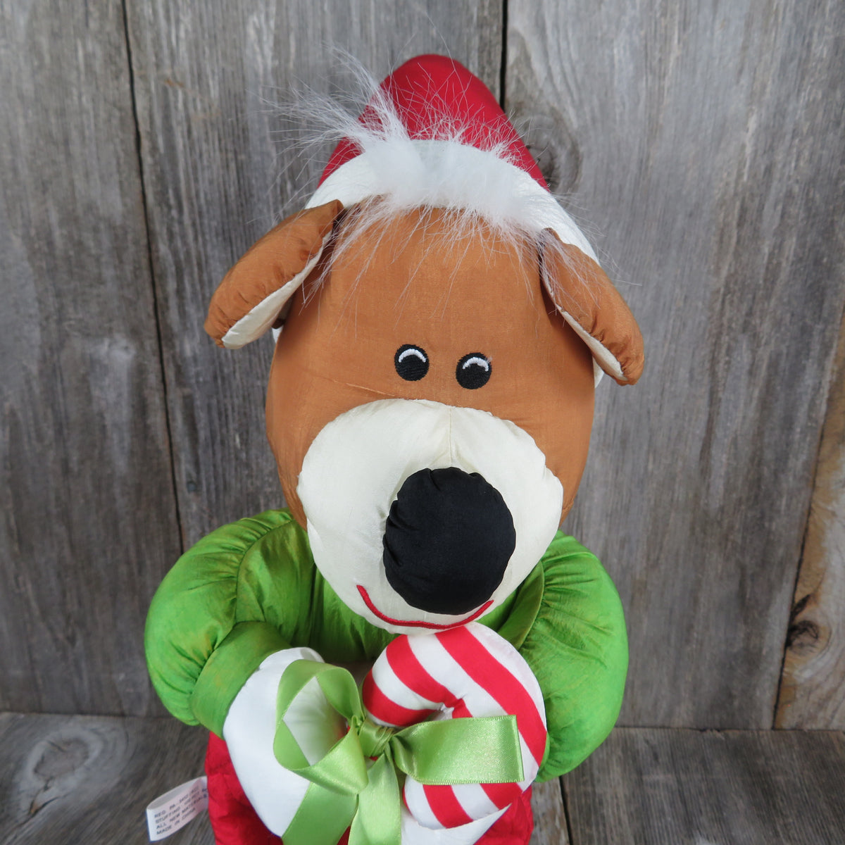 Vintage Bear Christmas Stocking Santa Hat Candy Cane Plush Nylon Puffy