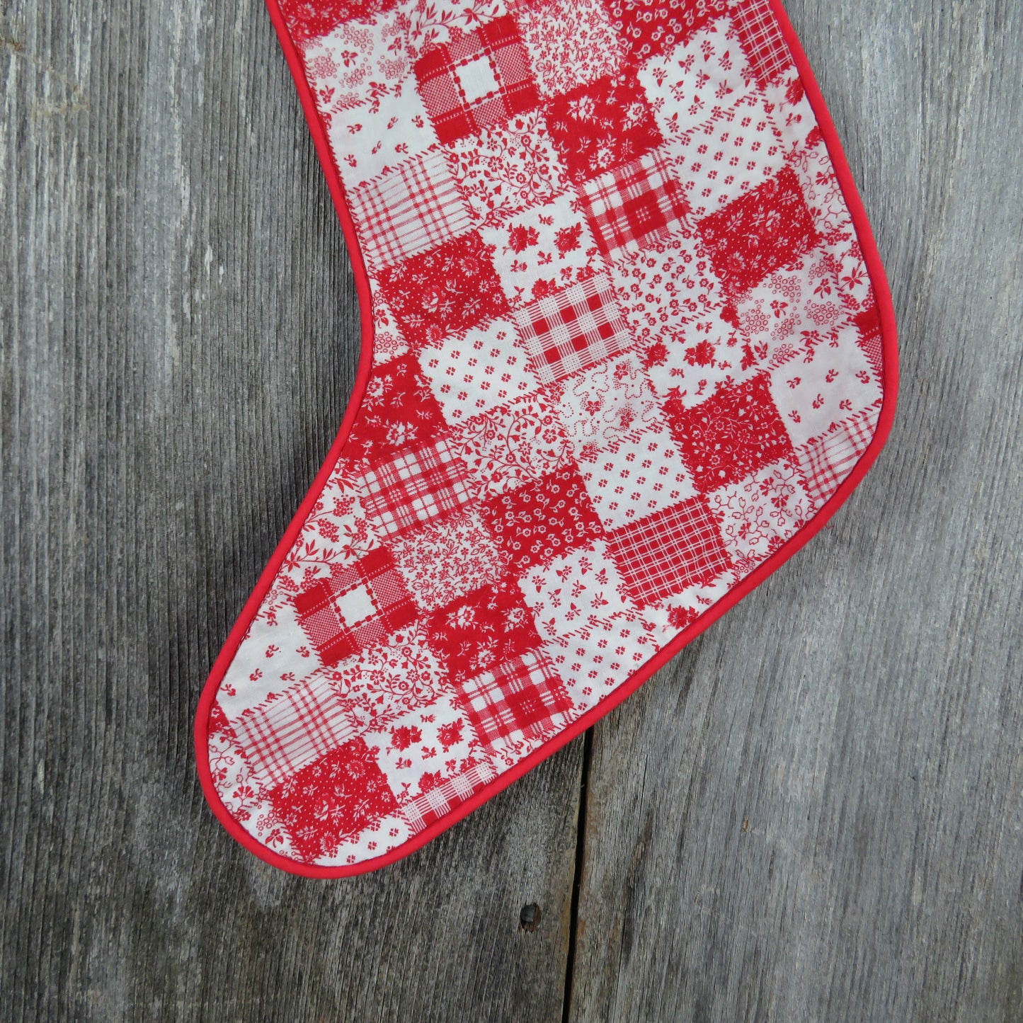 Vintage Patchwork Stocking Christmas Fabric Lace Handmade Red White Floral - At Grandma's Table