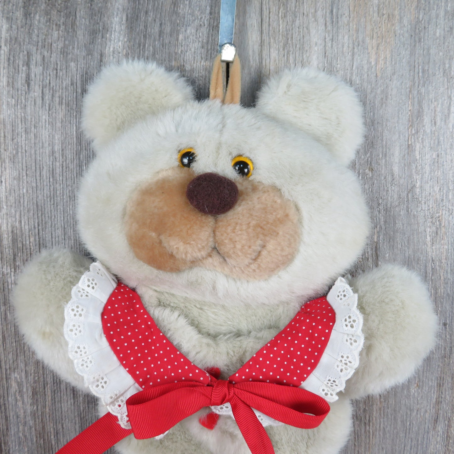 Vintage Teddy Bear Stocking Hallmark Baby Red Collar Lace Christmas Plush Stuffed Animal 1985 - At Grandma's Table