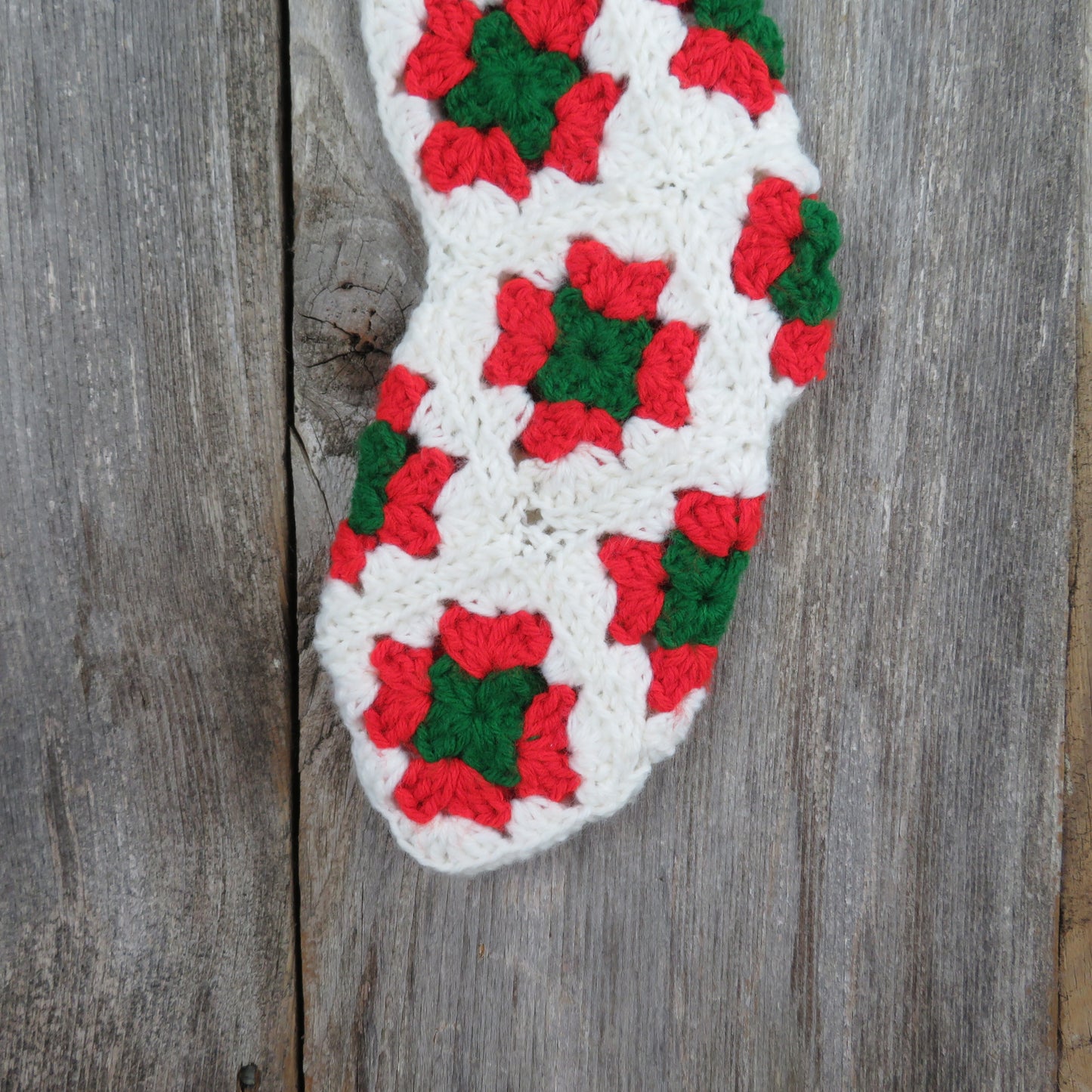Vintage Granny Square Christmas Stocking Crochet Handmade White Green Red Yarn - At Grandma's Table