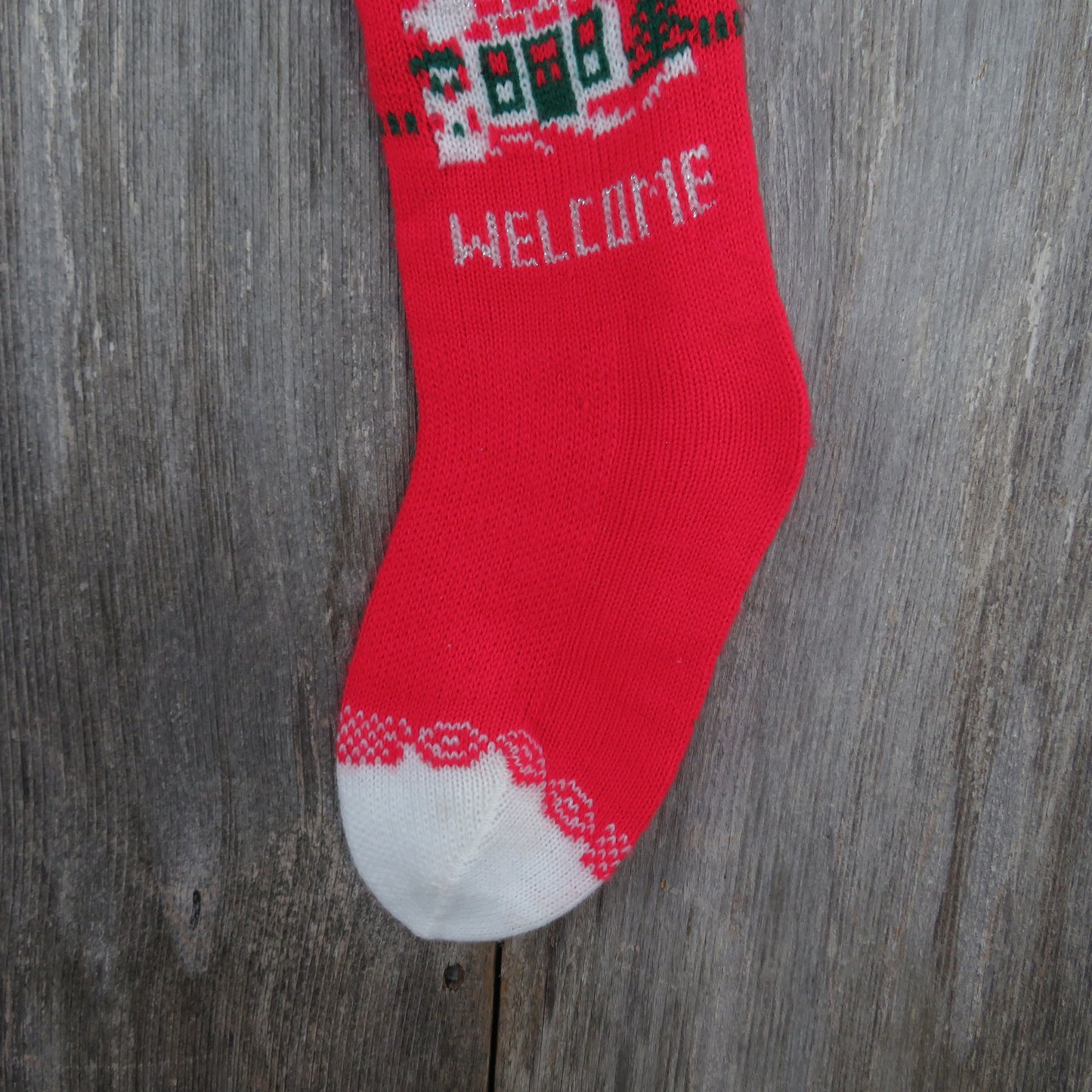 Vintage Welcome Home Stocking Knit Christmas Knitted House Red White 1980s - At Grandma's Table