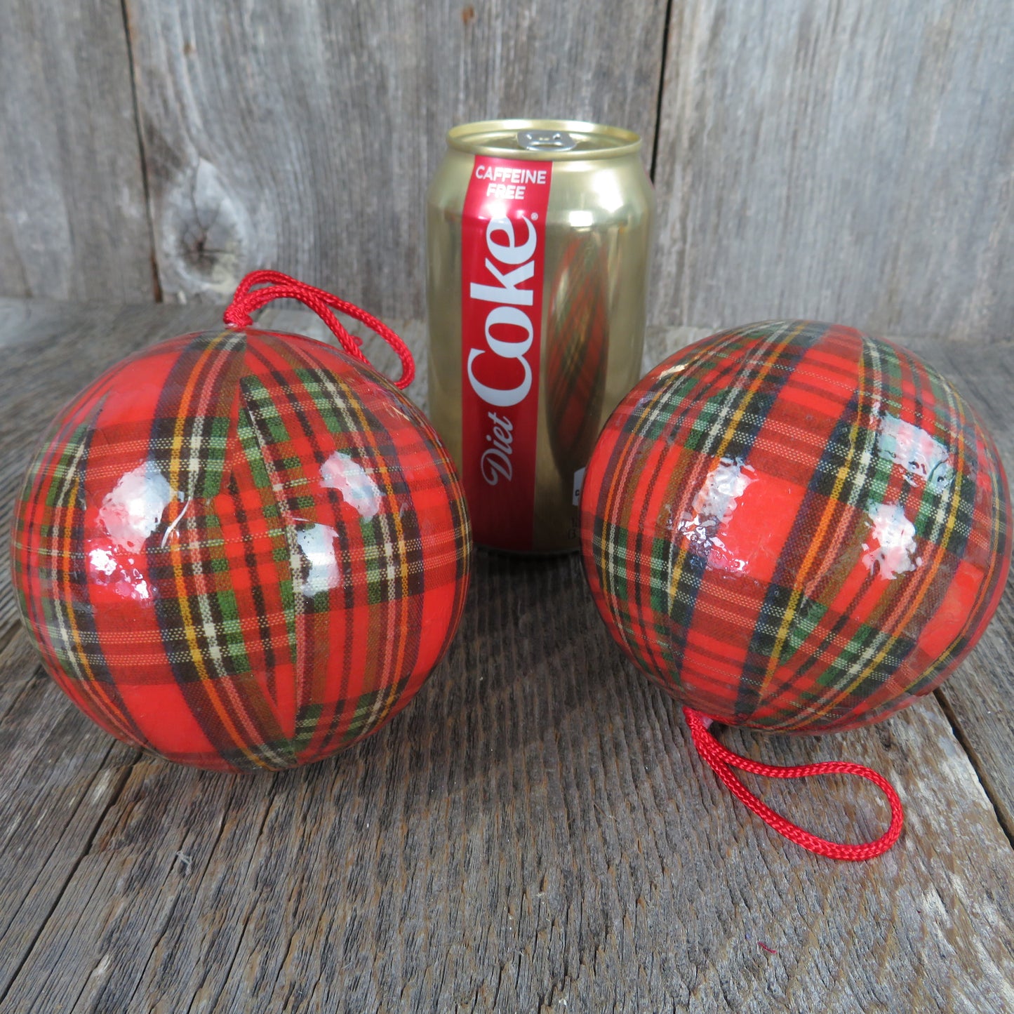 Vintage Red Tartan Plaid Ball Christmas Ornament Decoupage Royal Stewart Fabric or Paper Covered Mache - At Grandma's Table