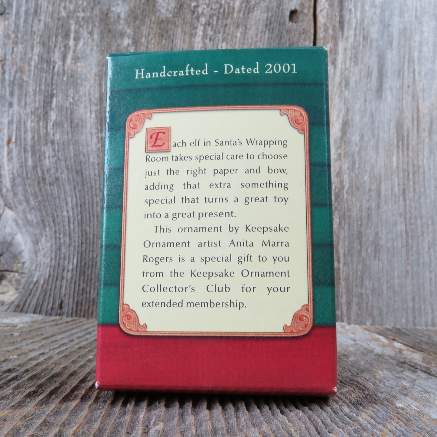 Ready for Delivery Hallmark Keepsake Christmas Ornament 2001 Elf Wrapping Gift - At Grandma's Table