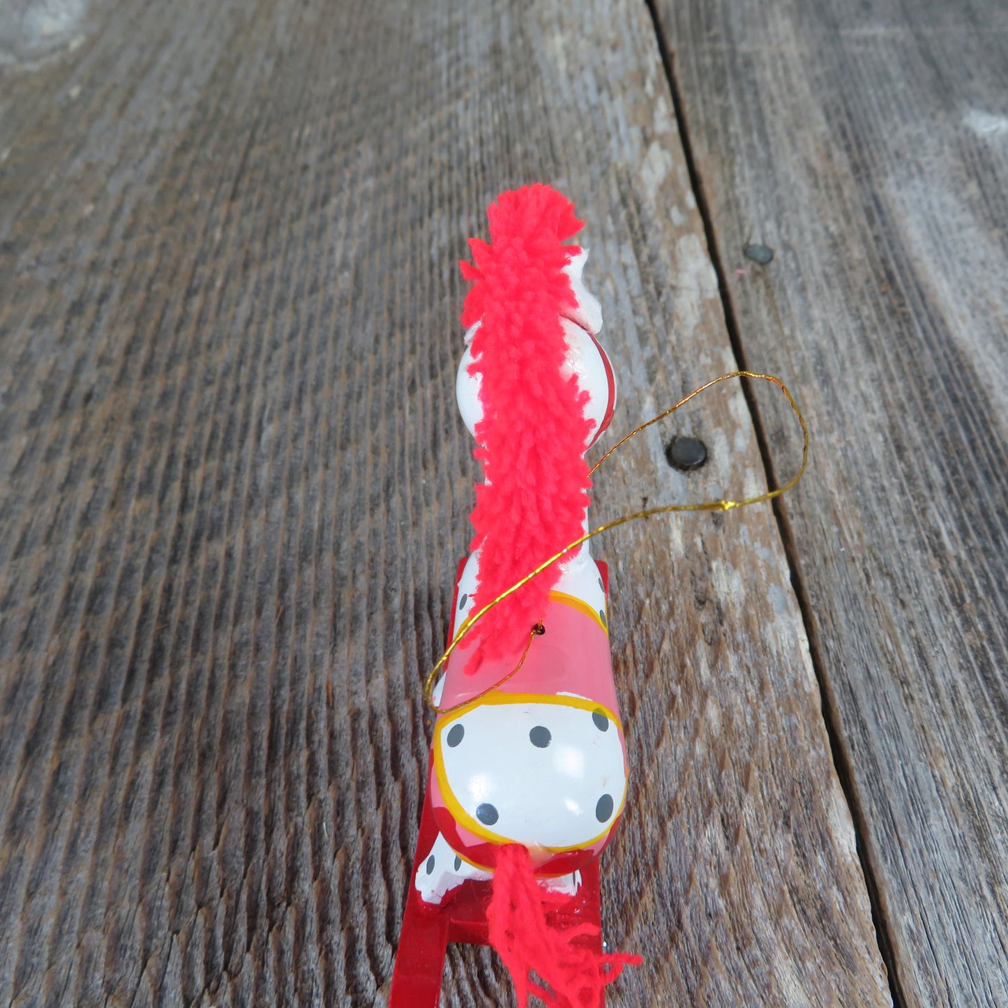 Vintage Wooden Rocking Horse Pony Ornament Wood Christmas Polka Dot Red Mane White Body