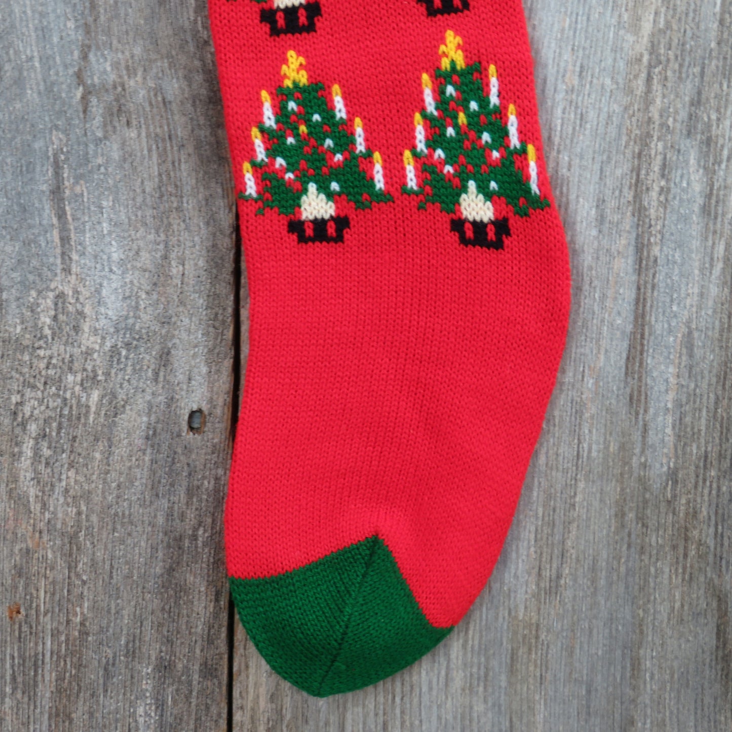 Vintage Christmas Tree Knit Stocking Red Green Pom Pom Candle Thailand - At Grandma's Table