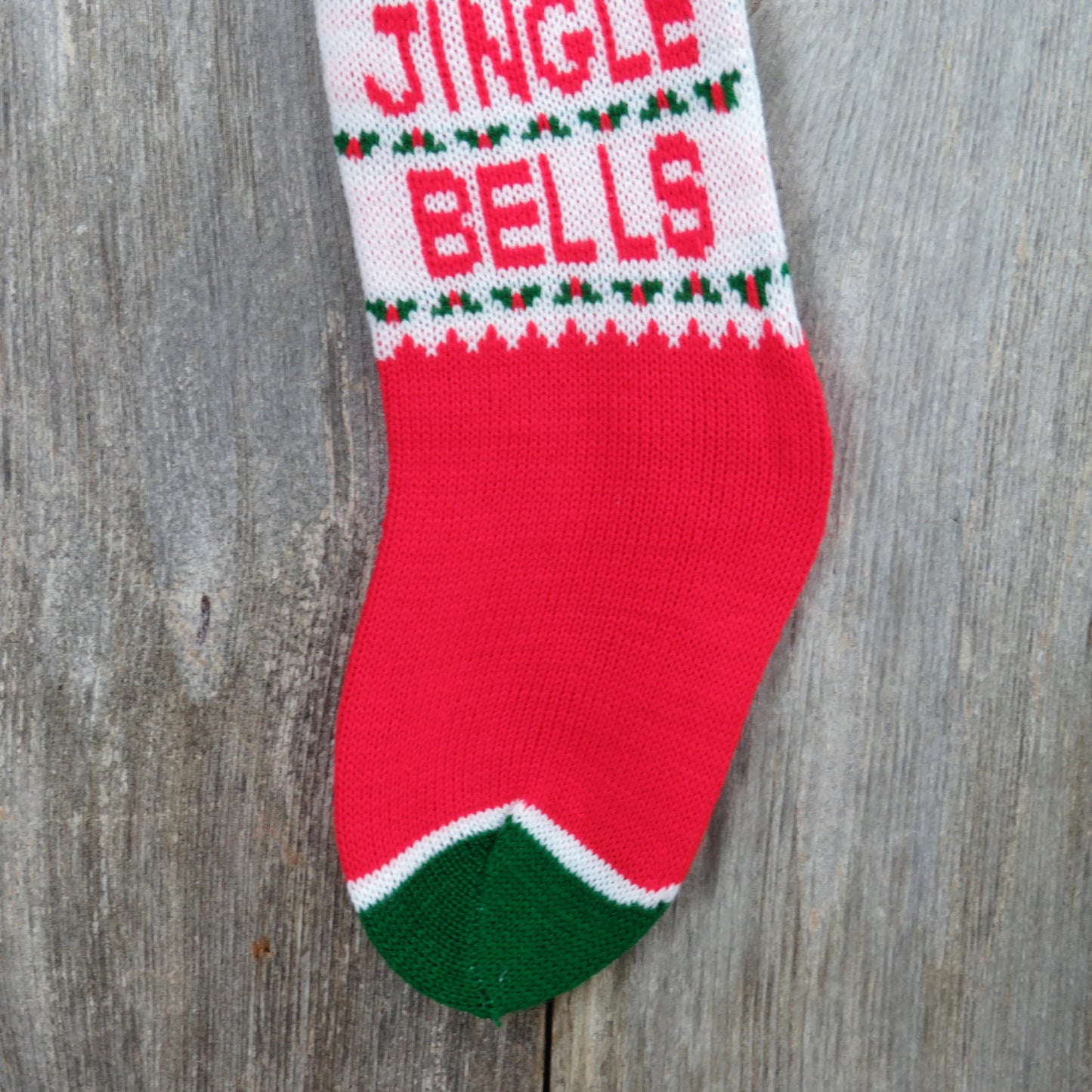 Vintage Jingle Bells Knit Stocking Christmas Music Notes Red Green White Pom Pom - At Grandma's Table