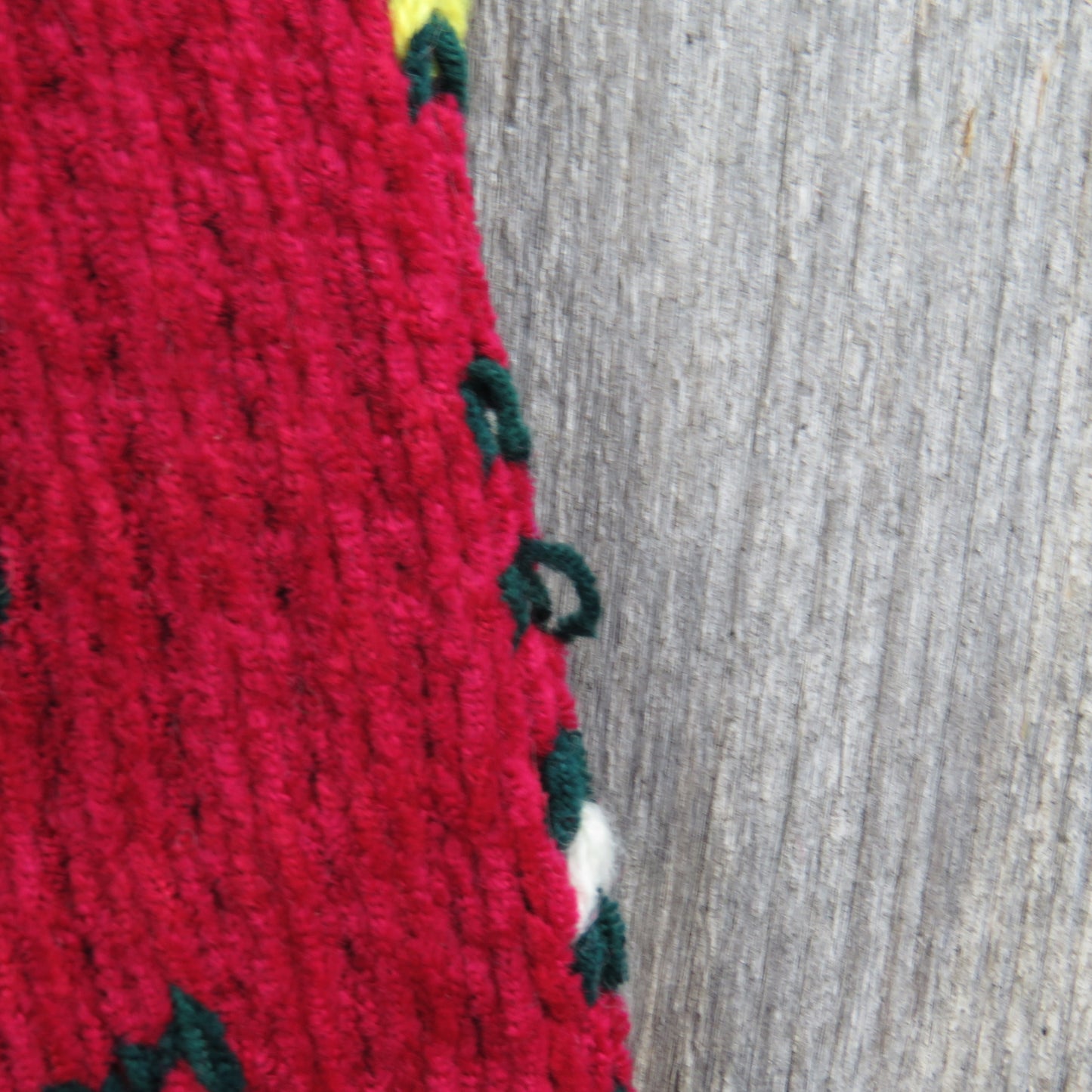 Vintage Christmas Tree Knit Stocking Hearts Chenille Green Red Stripes Pom Pom - At Grandma's Table