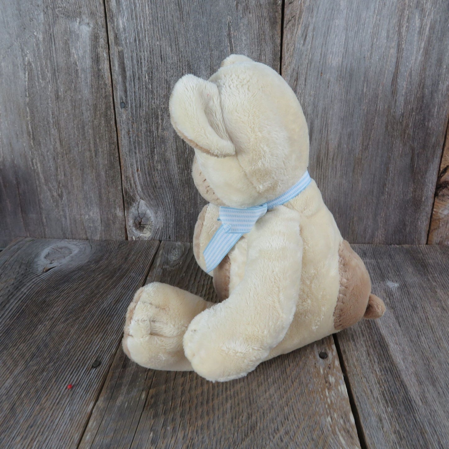 Vintage Teddy Bear Plush Rattle Blue Ribbon Taffey Russ Patches Brown Beige