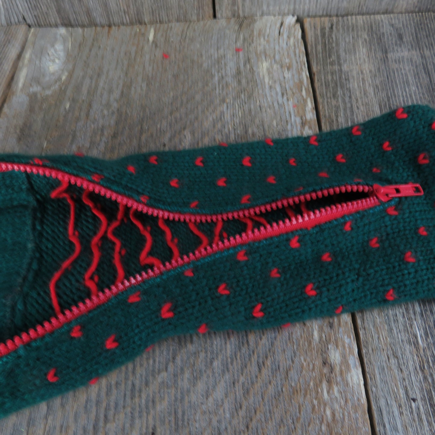 Vintage Zipper Knit Christmas Stocking Green Red Knitted Department 56 1988