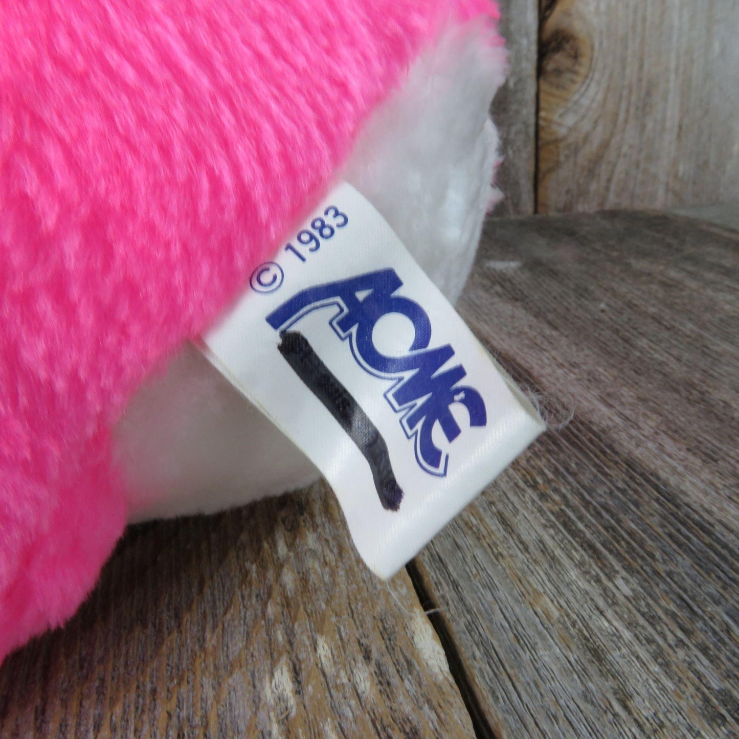 Vintage Pink Bear Plush Acme Stuffed Animal Hard Firm Body Hot Pink White Korea Fair Prize 1983