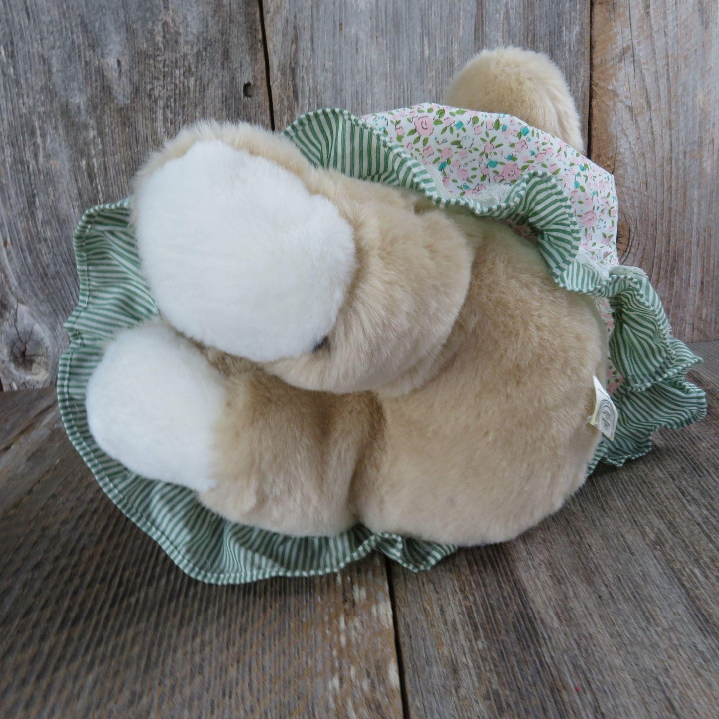 Vintage Teddy Bear Plush Calico Bonnet Apron Green Striped Dress Commonwealth 1989
