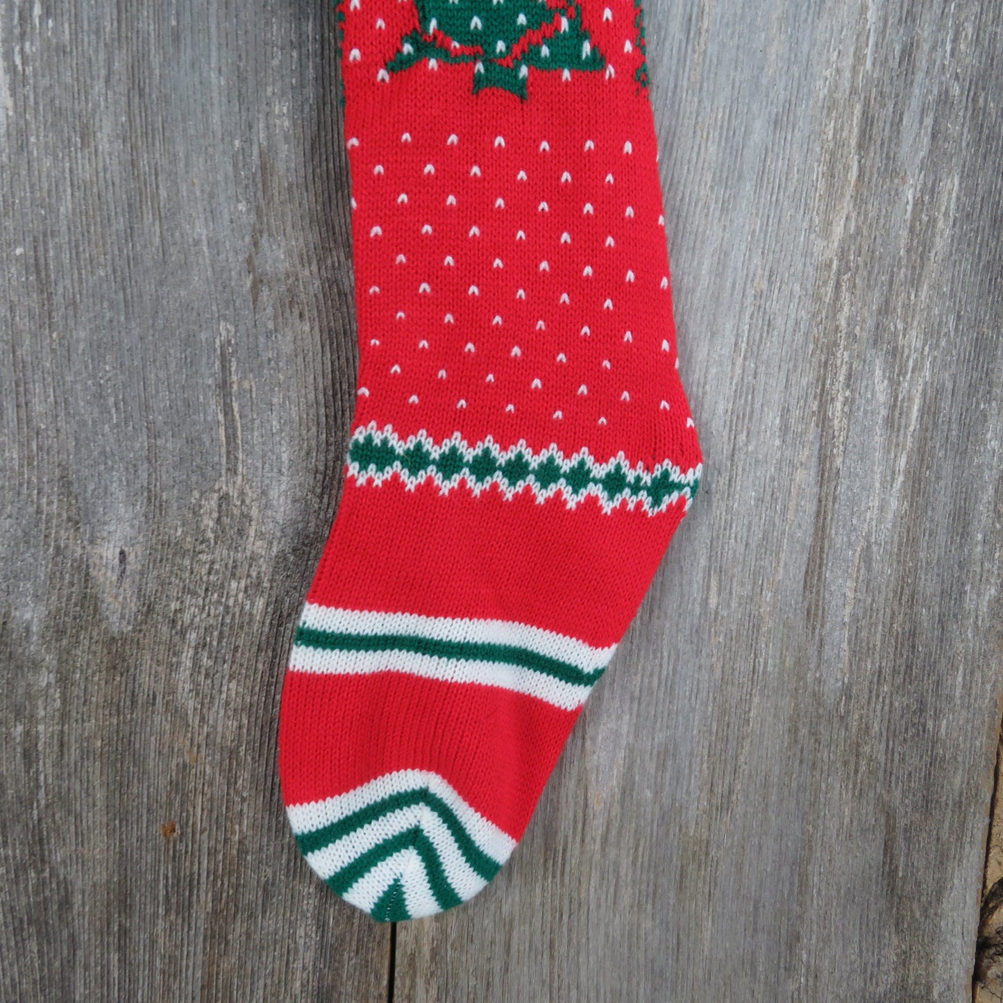 Vintage Christmas Tree Stocking Knitted Knit Extra Long Stripes Green Red White 1980s Pom Pom