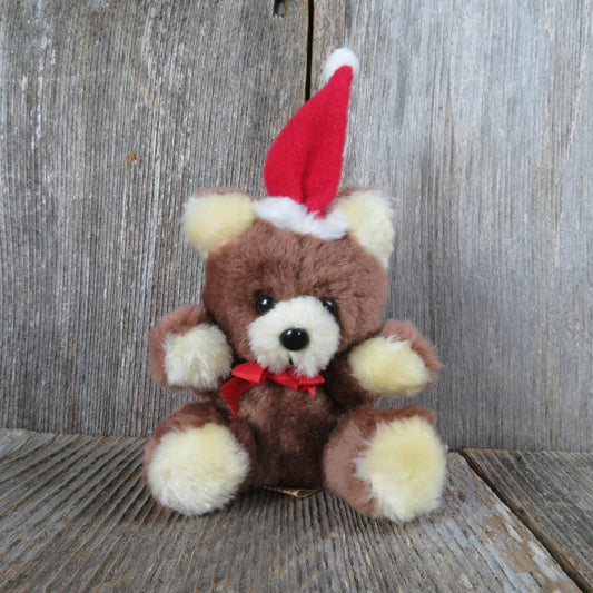 Vintage Teddy Bear Plush Red Santa Hat Christmas Mini Russ Brown Tan Stuffed Animal Made in Korea Item 243