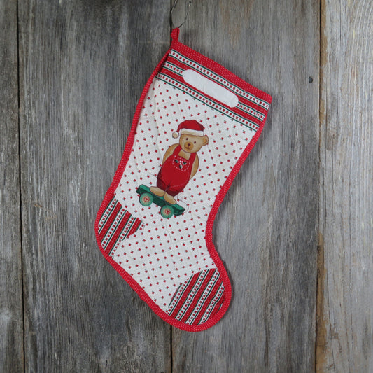 Vintage Teddy Bear on a Wagon Christmas Stocking Quilted Handmade Hearts Holly Fabric Red Green Cloth