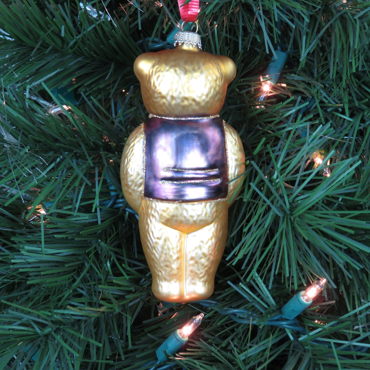 Vintage Teddy Bear Glass Painted Ornament Purple Vest Red Bow Tie Krebs Germany K Glitter Tree