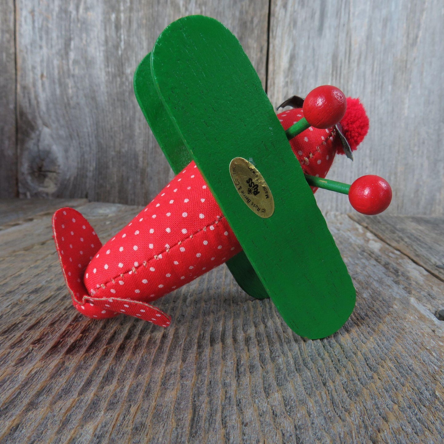 Vintage Biplane Wood Ornament Plush Fabric Red Green Russ Wooden Airplane Christmas Red Holly Propeller