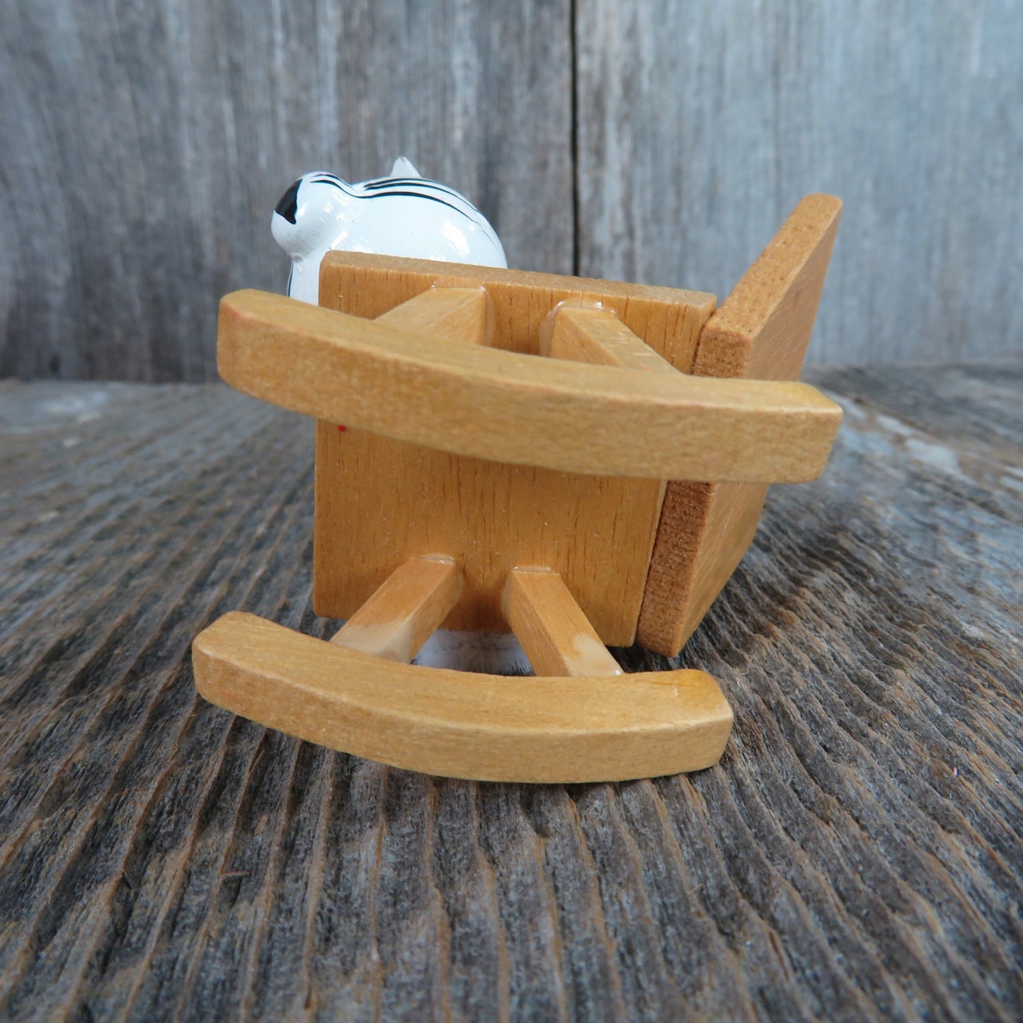 Vintage White Cat on Rocking Chair Wood Ornament Wooden Kitten Bow Christmas