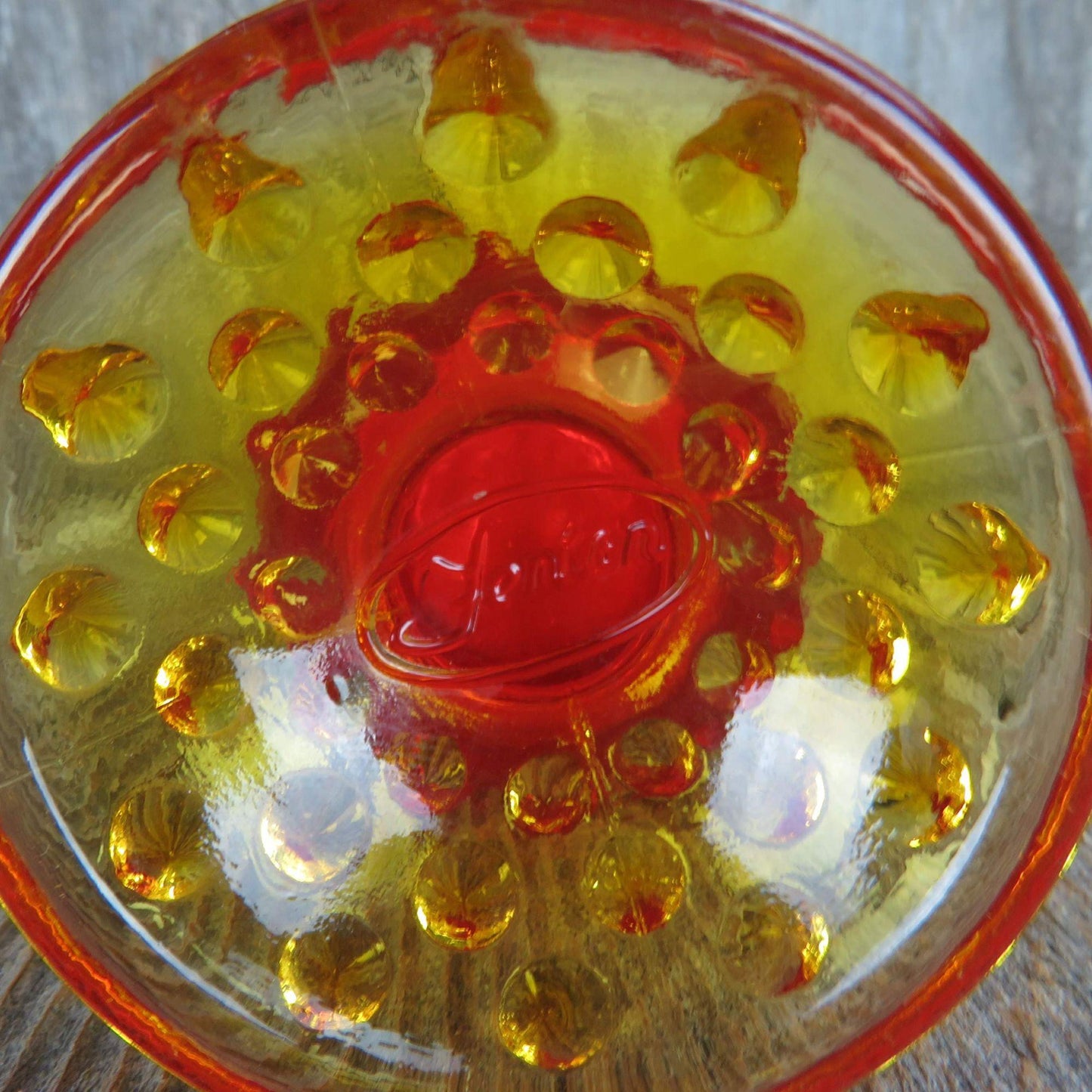 Vintage Fenton Art Glass Red Orange Yellow Hobnail 9" Rose Bud Swung Vase 2 Tone Mid Century Modern Amberina Colonial