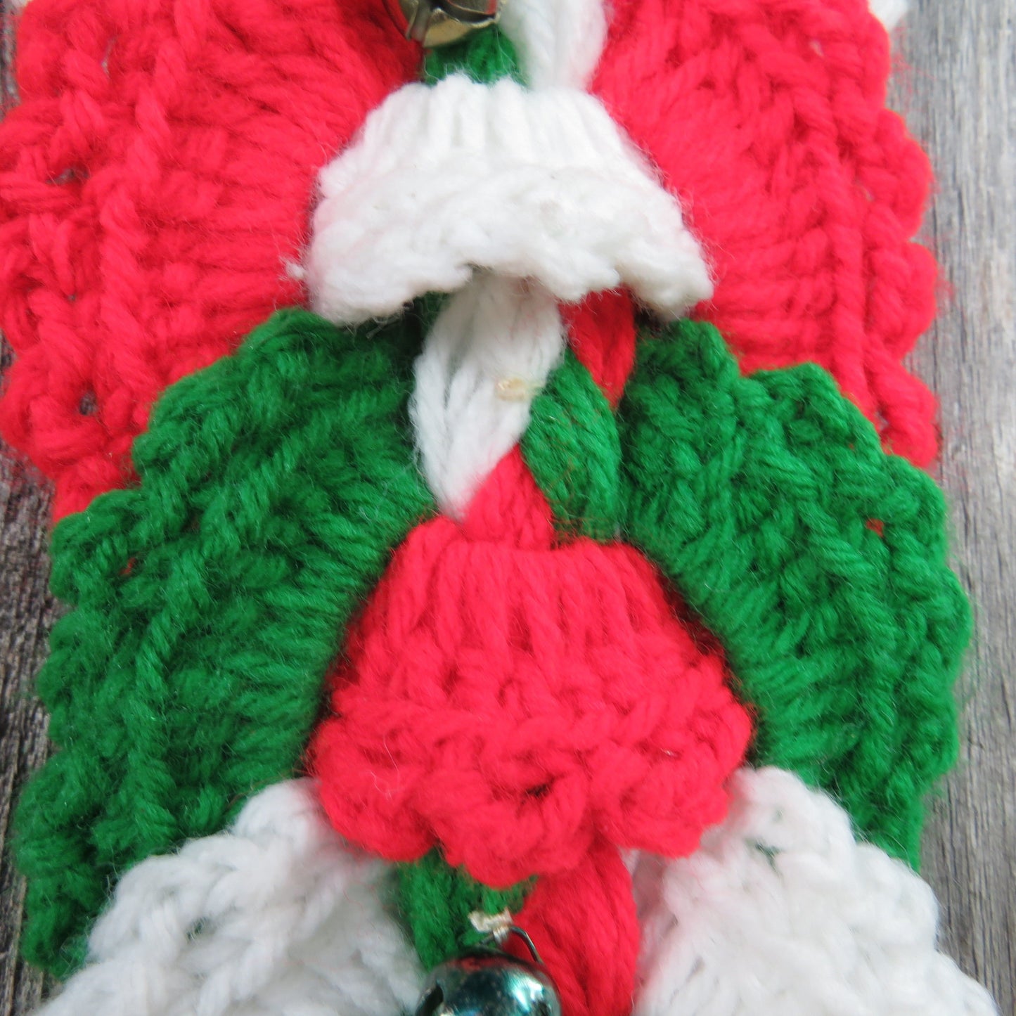 Vintage Crochet Christmas Door Hanger Wreath Bell Handmade Red Green White Rings Knit - At Grandma's Table