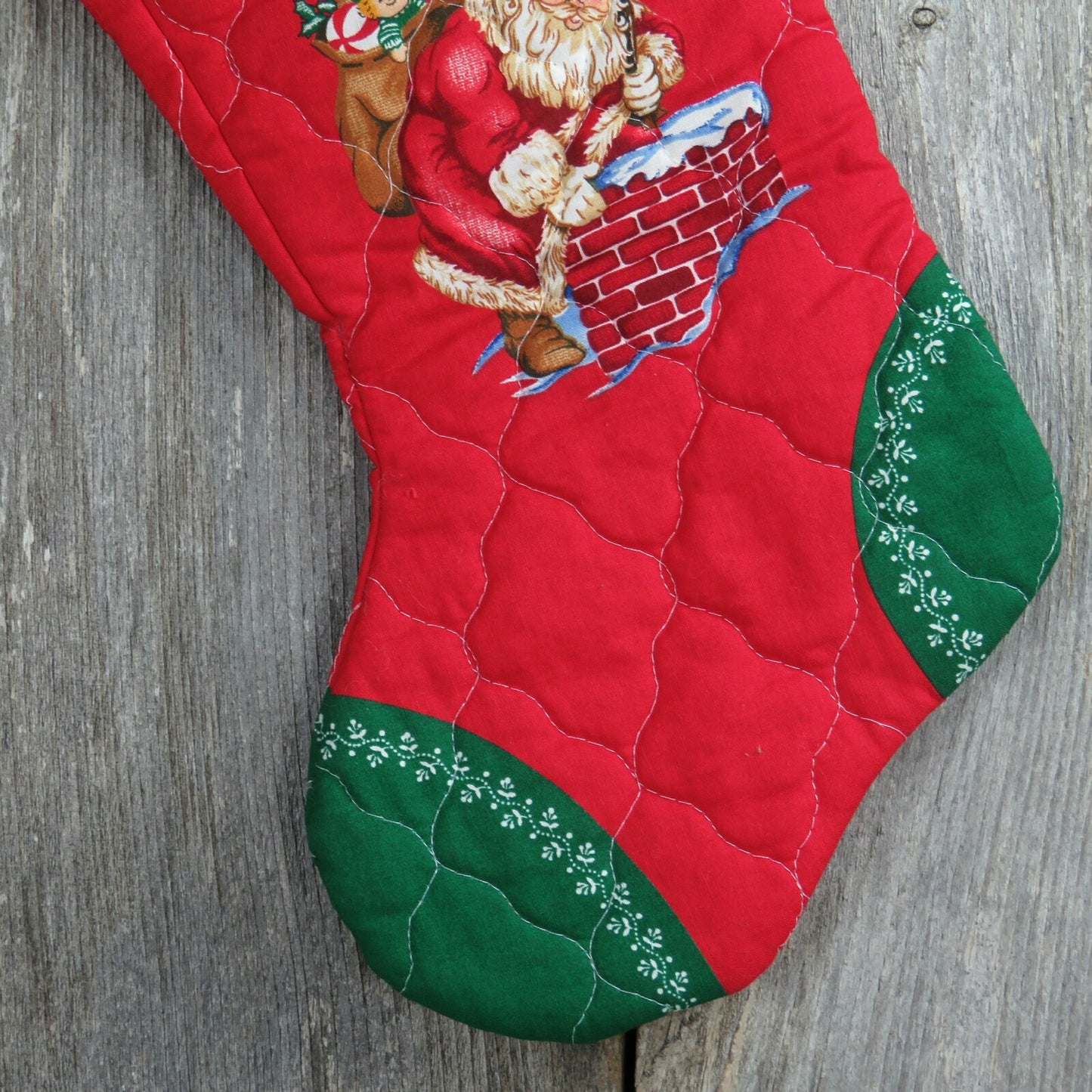 Santa Stocking Vintage Handmade Christmas Quilted Fabric Red Green Chimney ST121 - At Grandma's Table
