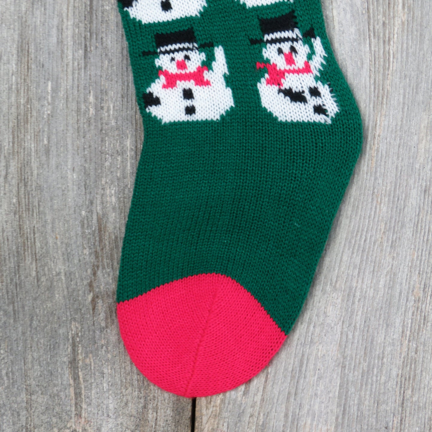 Vintage Knit Snowman Stocking Green Red Christmas Santa Top Hat Pom Pom Knitted 1980s