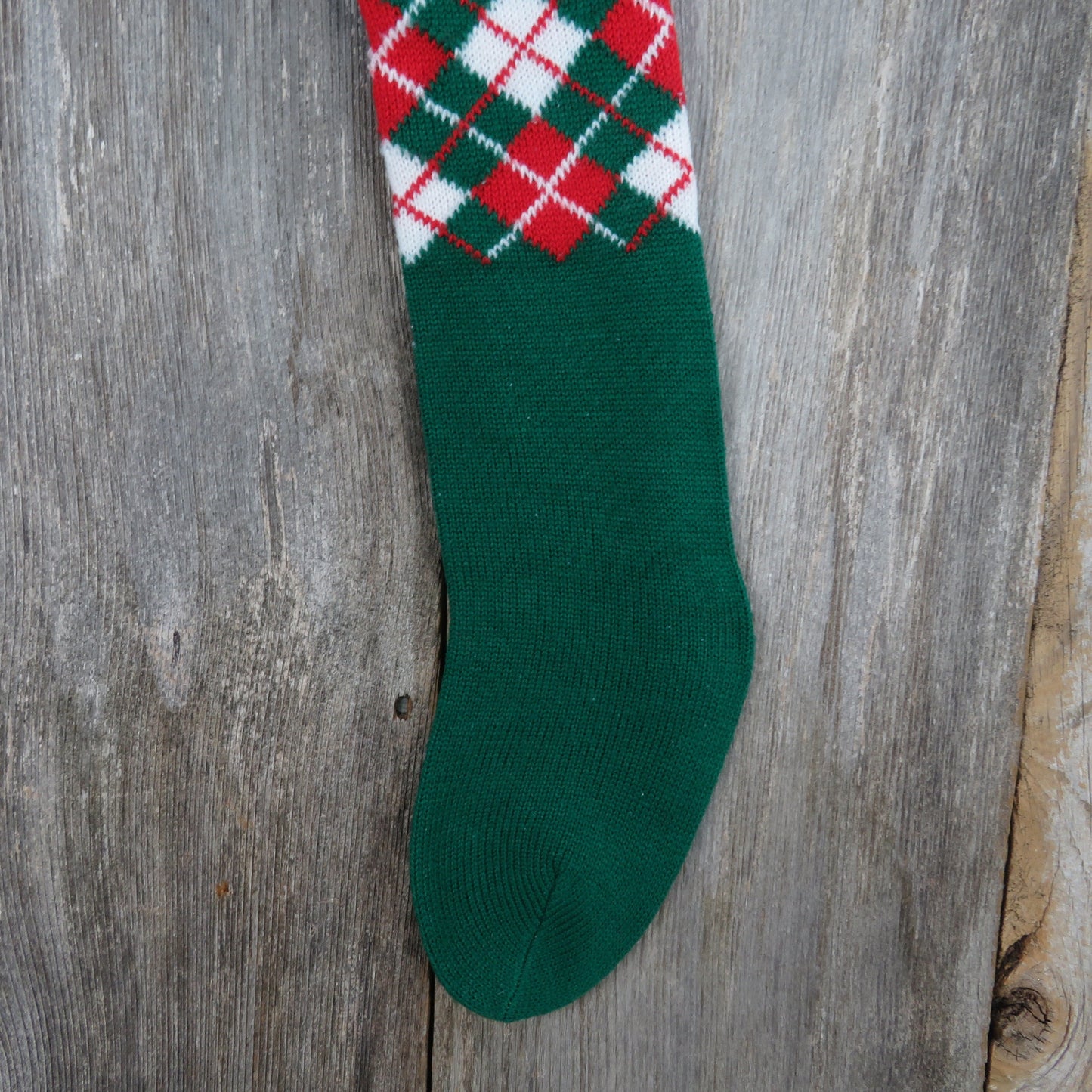Vintage Knit Argyle Stocking Christmas Knitted Green Red White Pattern 1980s - At Grandma's Table
