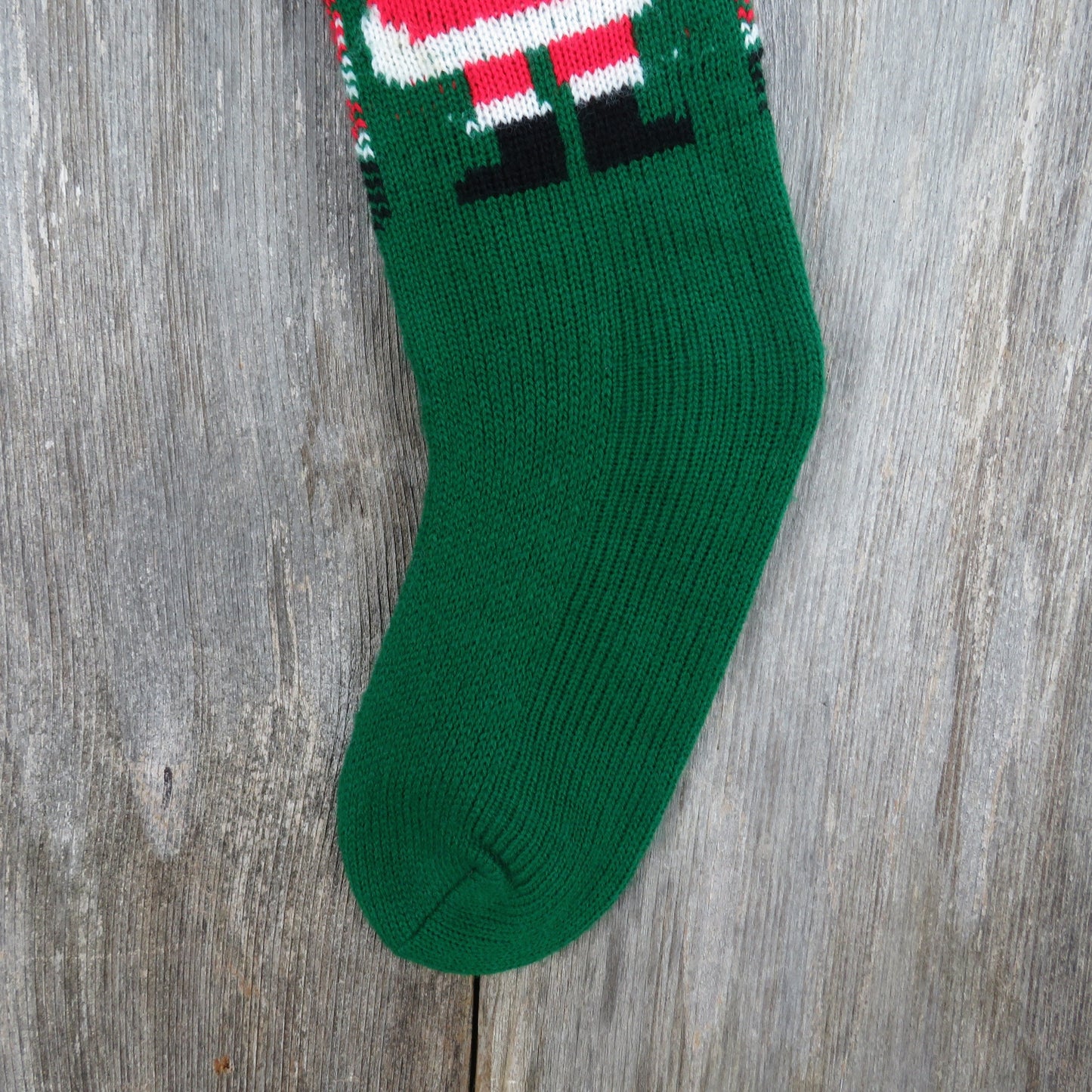 Vintage Santa Claus Knit Stocking Christmas Knitted GReen Red White Pom Pom