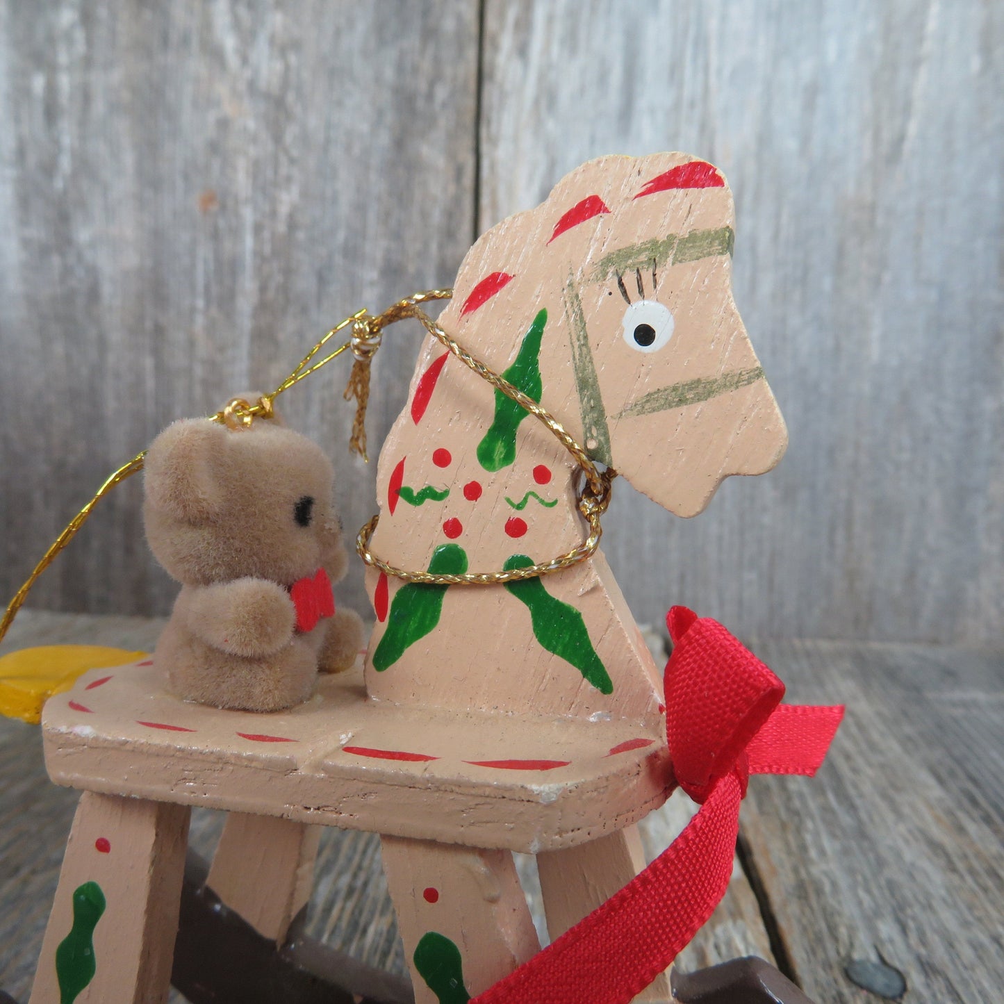 Vintage Wooden Rocking Horse Ornament Flocked Teddy Bear Toy Pony Brown Tan - At Grandma's Table