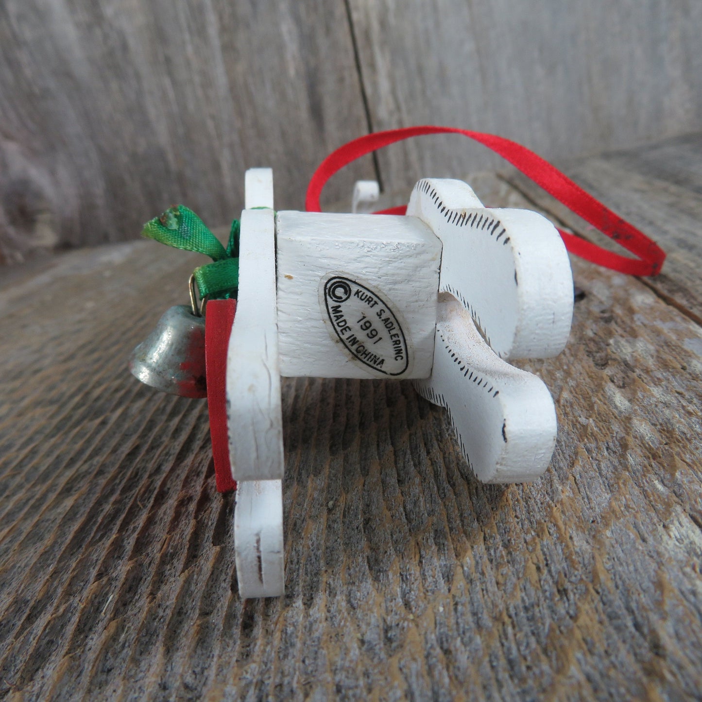 Vintage White Cat Wood Ornament Kurt Adler Wooden Kitten Bell Heart Christmas 1991