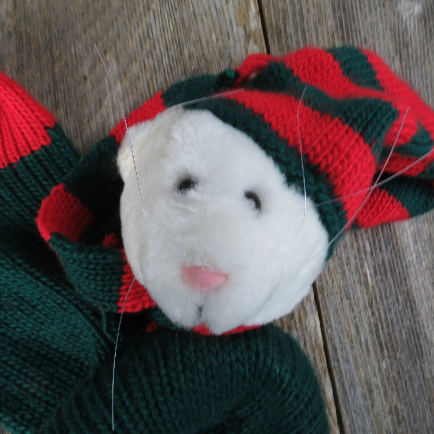 Vintage Cat Kitty Knit Stocking Striped Sock Hat Scarf Department 56 Depart 1988 Red Green White