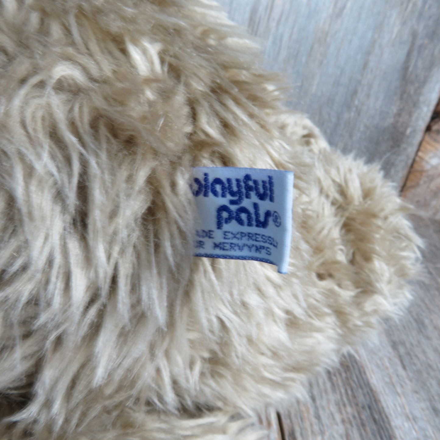 Vintage Teddy Bear Plush Curly Fur Peach Bow Beige Silver Playful Plush Mervyn's Stuffed Animal