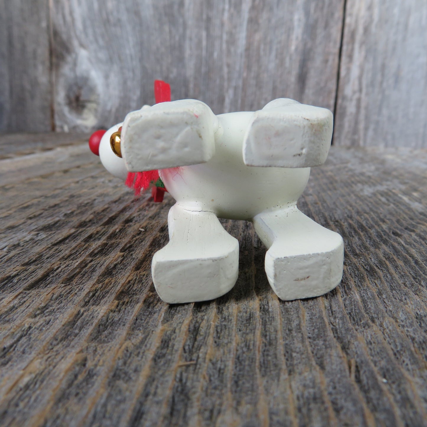 Vintage Reindeer Wood Ornament White Body Red Nose Antlers Scarf Bell Moose