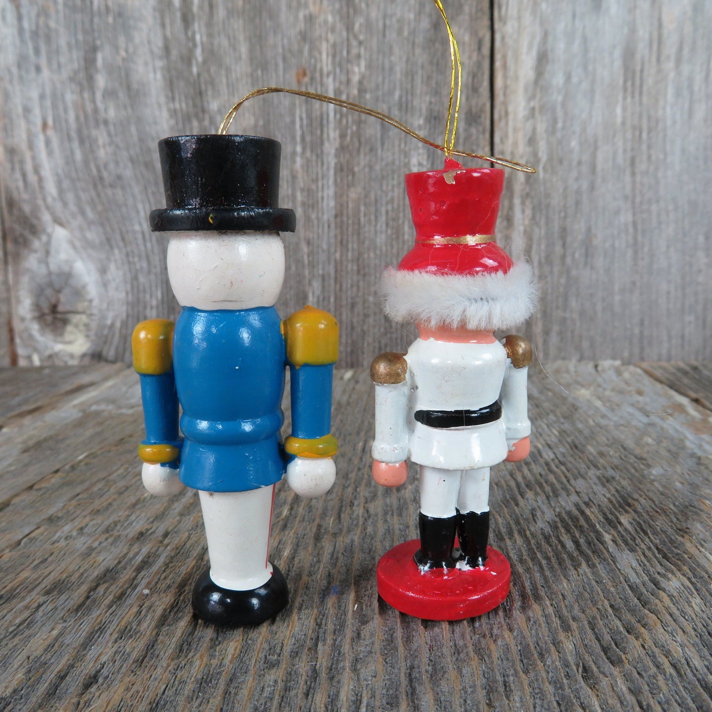 Vintage Toy Soldier Nut Cracker Wooden Ornament Set Christmas Wood Red Blue White