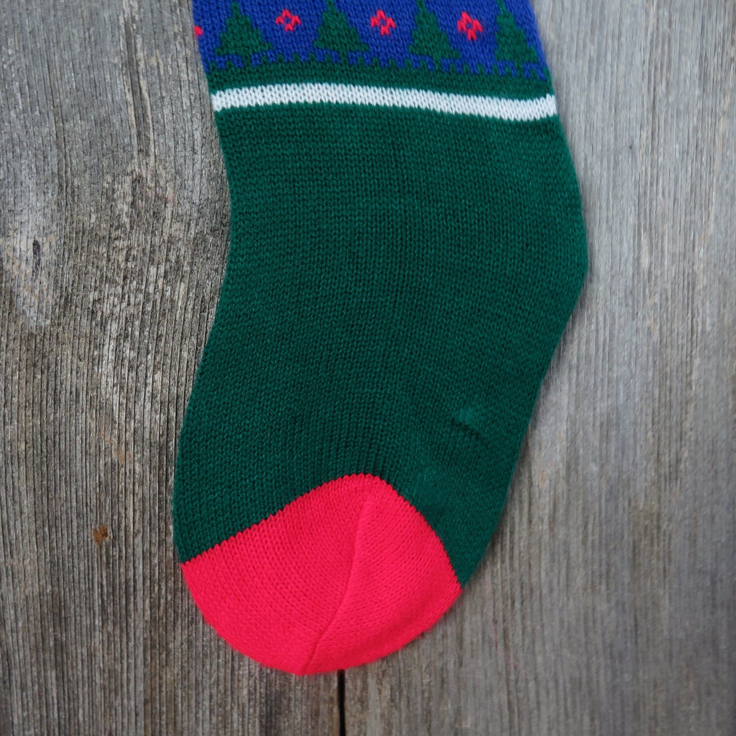 Vintage Knit Rocking Horse Stocking Christmas Knitted Blue Green Red Pom Pom