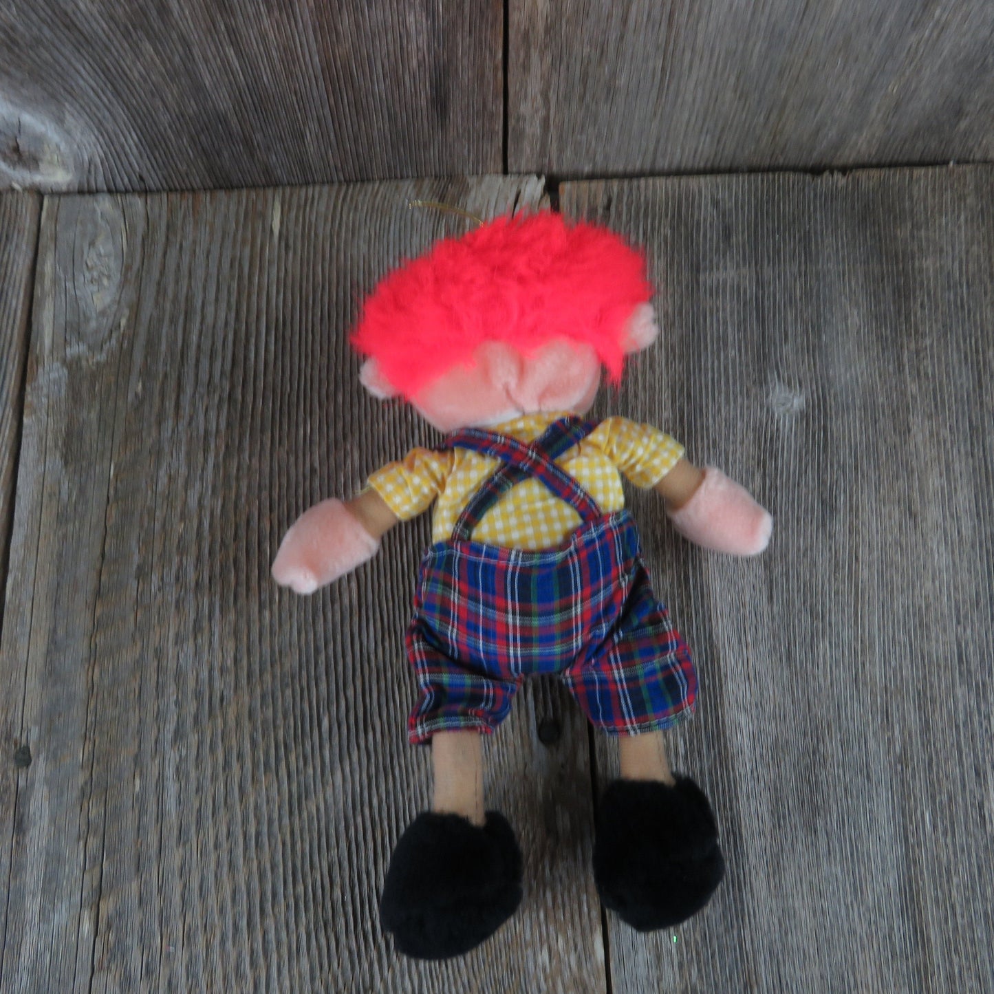 Vintage Clown Plush Doll Red Nose Yellow Shirt Bib Overalls Orange Hair Stuffed Animal