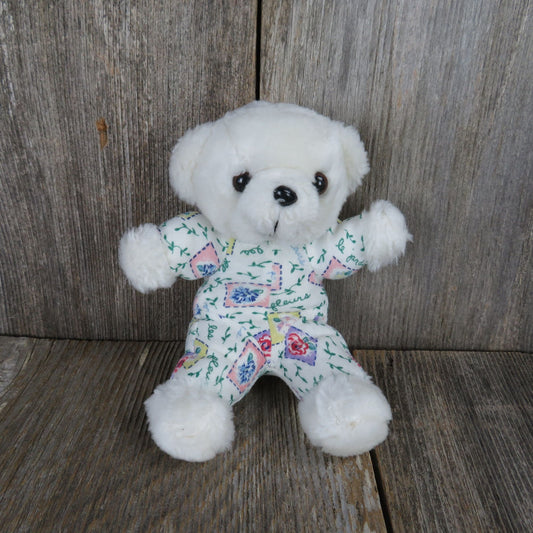 Vintage Mini Bear Plush White with Floral Fabric Body Blue Pink Flowers Stuffed Animal