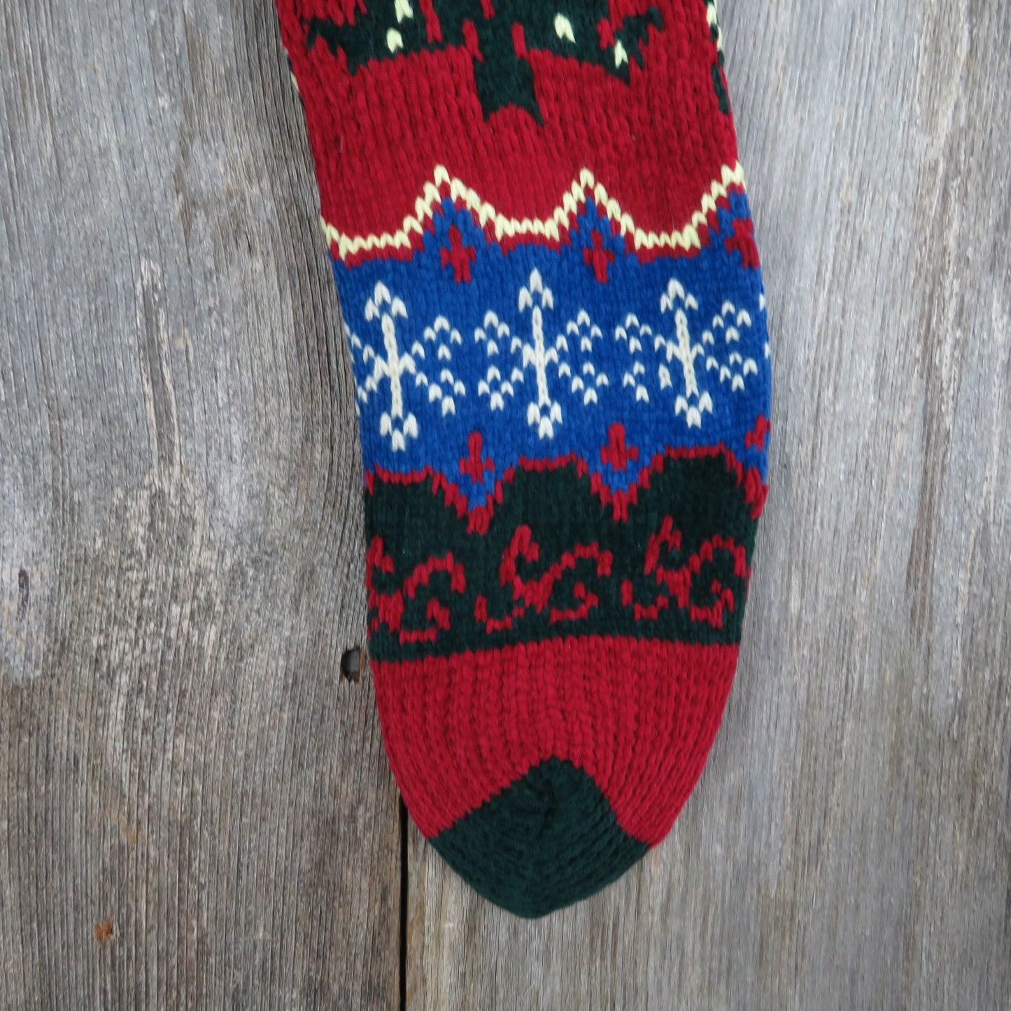 Vintage Christmas Tree Knit Stocking Chenille Snowflakes Cream Blue Green Red Pom Pom 90s - At Grandma's Table
