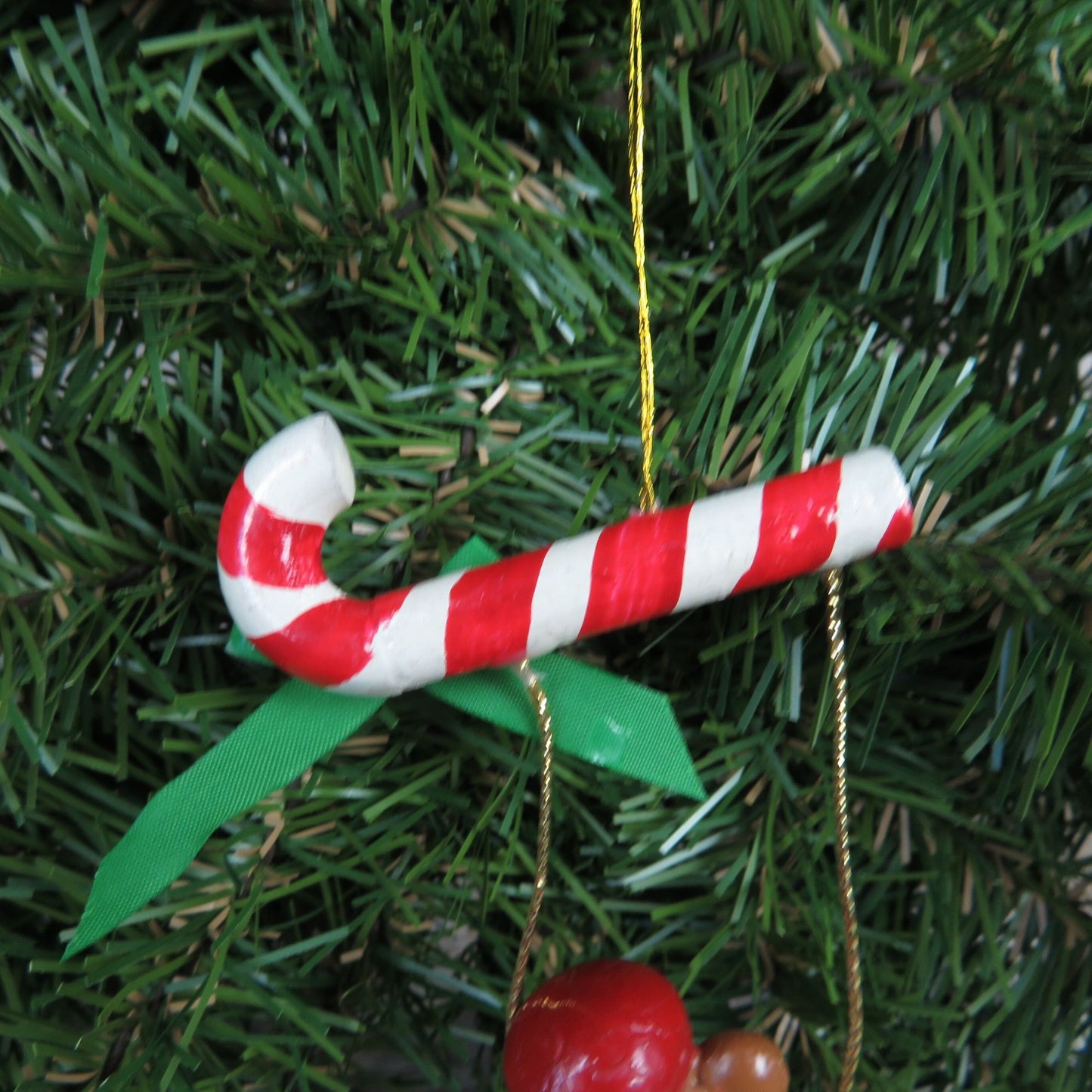 Bear on Candy Cane Swing Wood Ornament Vintage Wooden Teddy Bear With Hat Swinging Christmas Ornament
