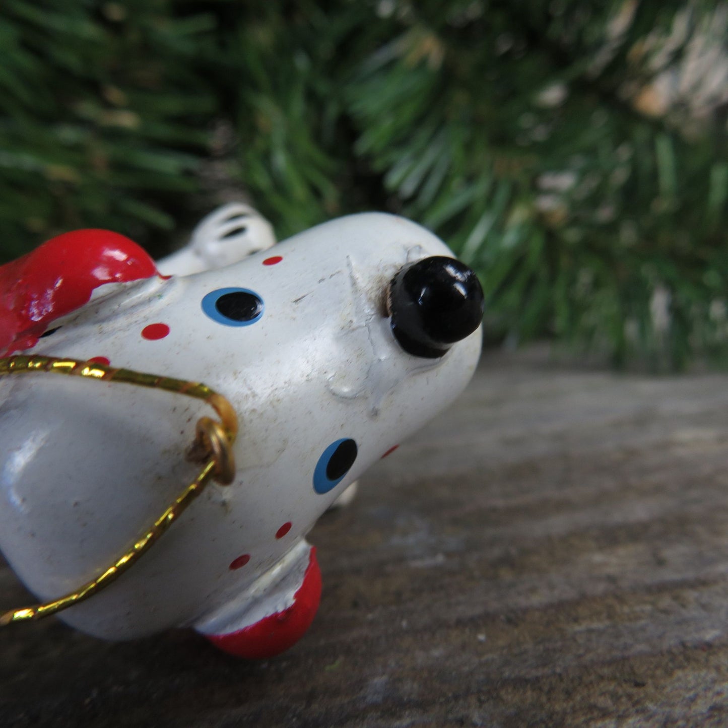 Vintage Wooden White Dog Ornament Wood Puppy with Red Ears and Pants Christmas Ornament