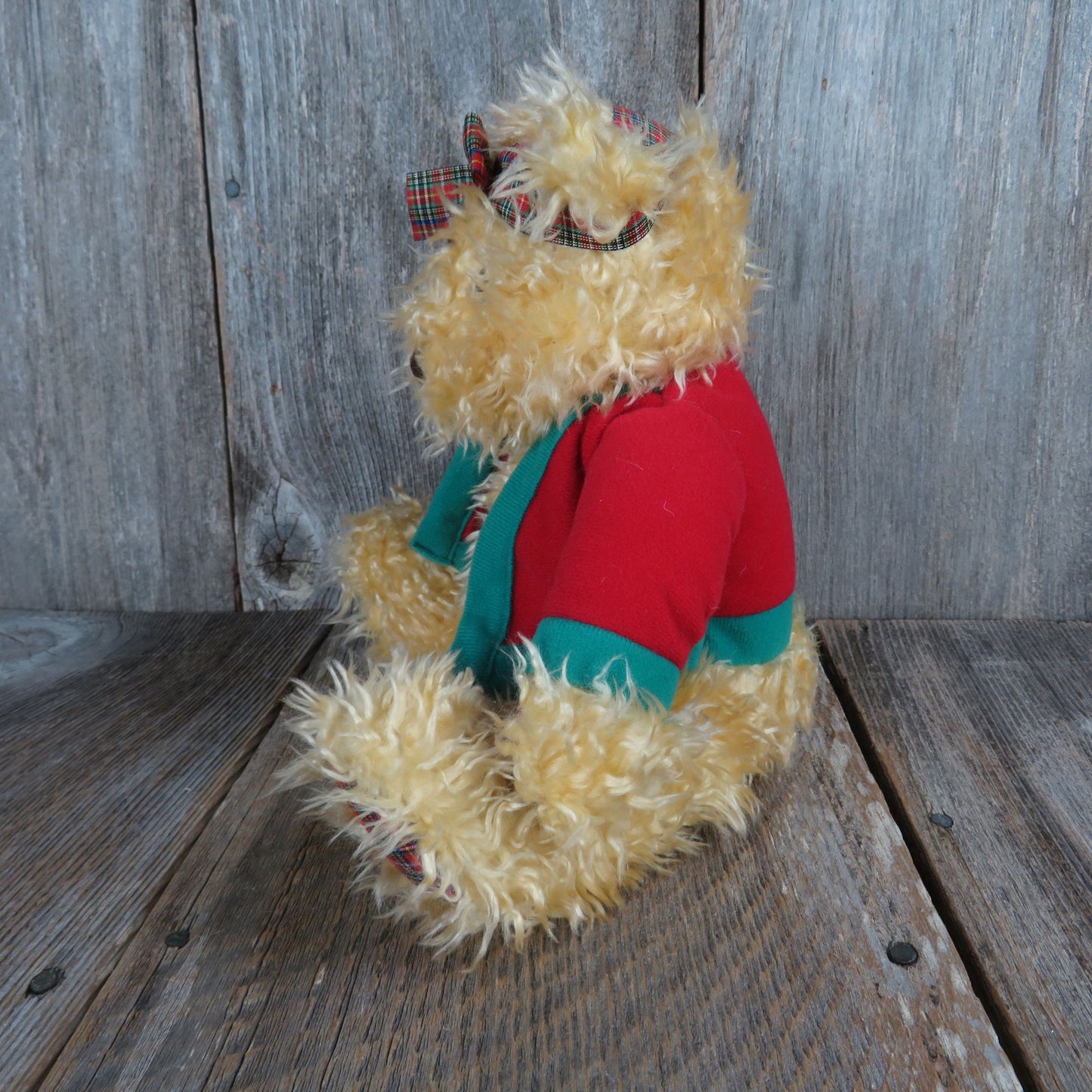 Vintage Teddy Bear Plush Red Sweater Hallmark Plaid Bow Curly Hair Stuffed Animal Christmas Holiday