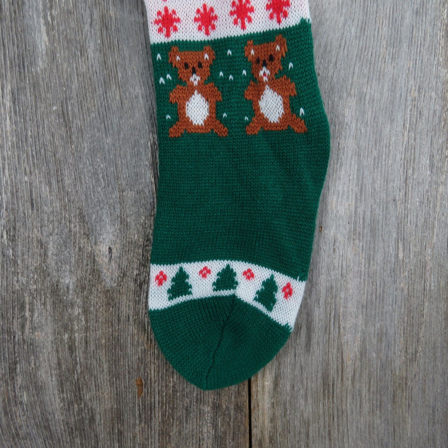 Vtg Knit Teddy Bear Christmas Stocking Knitted White Red Green Tree Snowflake Pom Pom