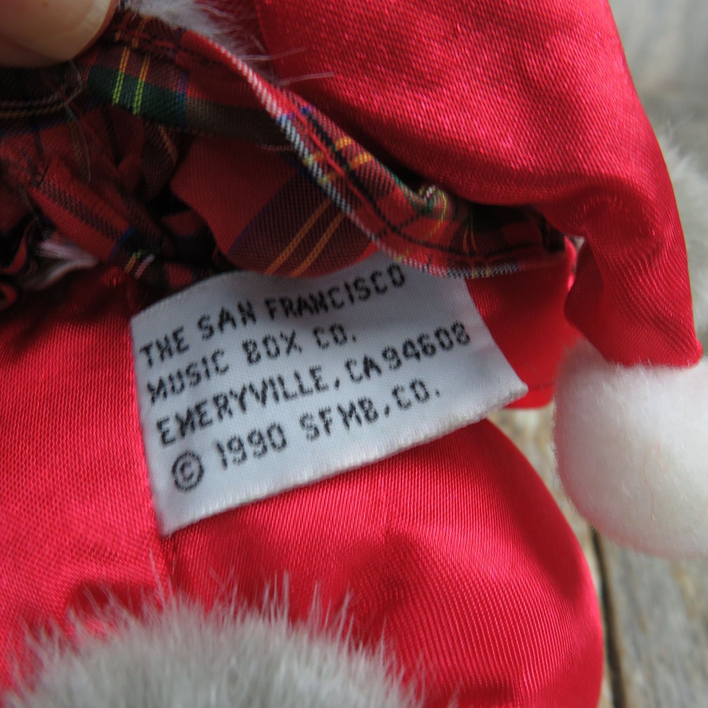Vintage Christmas Mouse Plush Ornament Cloth Body Santa Satin Hat Musical San Francisco Music Box Squeeze Stuffed Animal