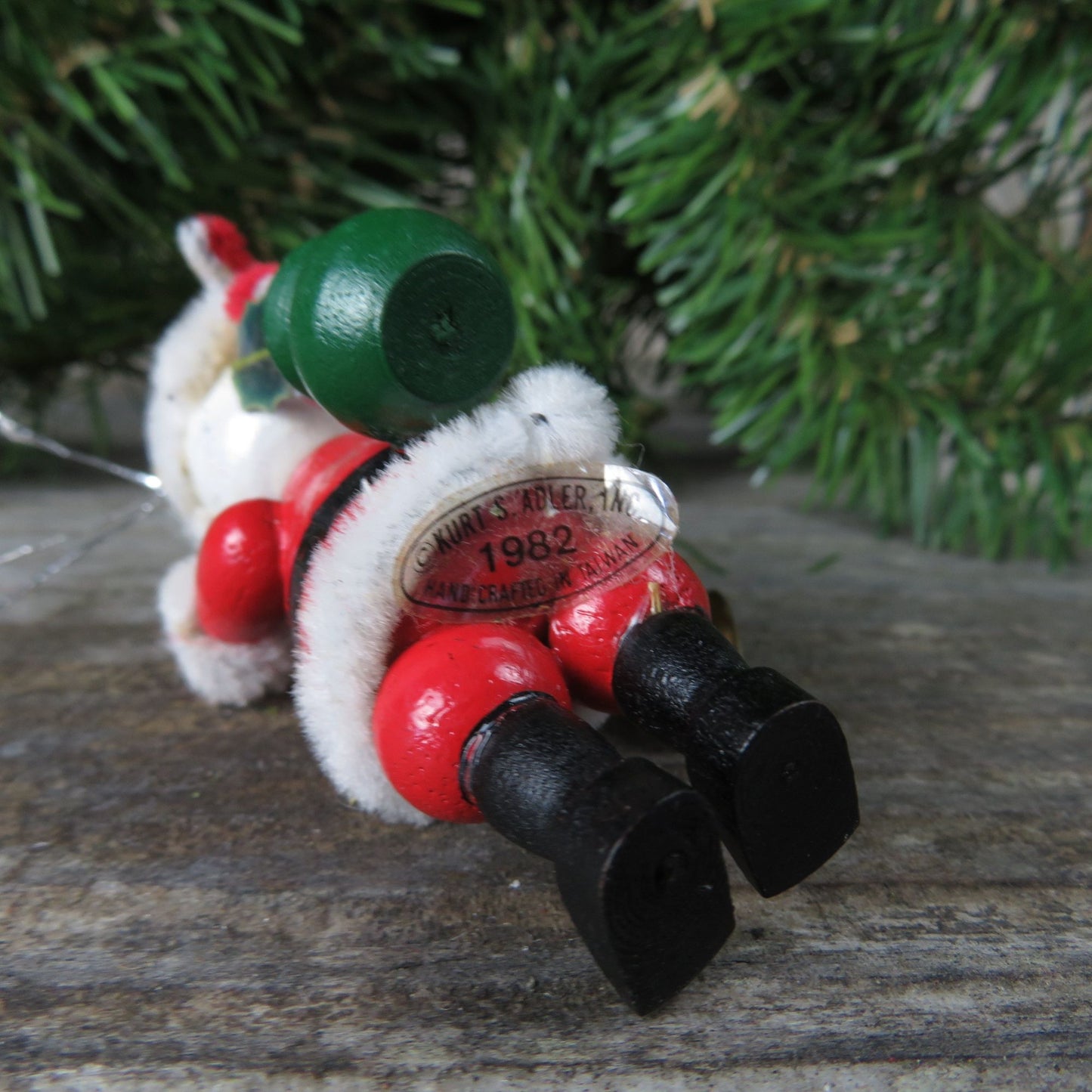 Vintage Wooden Santa Claus Ornament Kurt Adler Santa With Bell Bag and Pipe Cleaners Christmas 1982