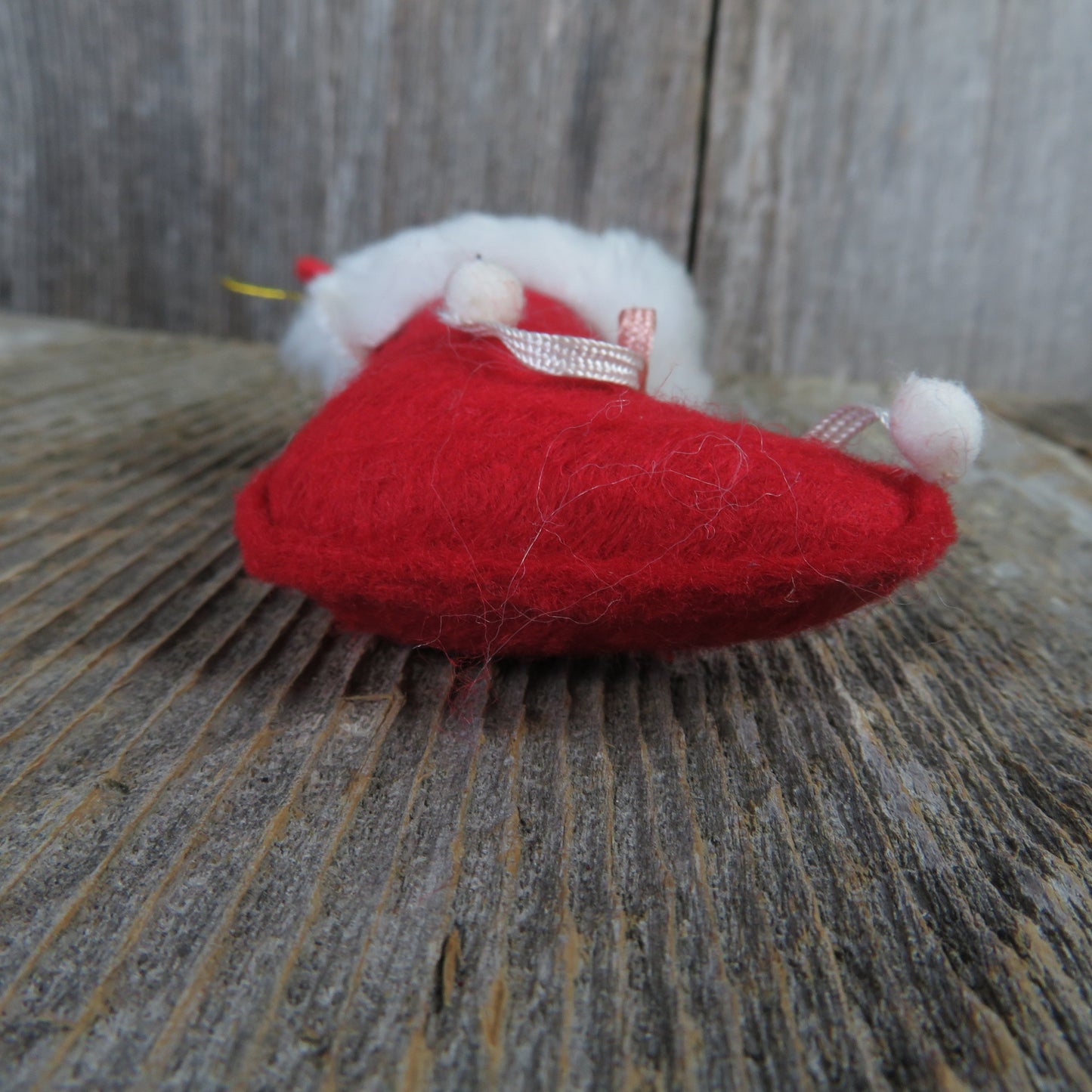 Vintage Wood Angel in Stocking Ornament Blue Dress Red Fur Lined Wooden Christmas